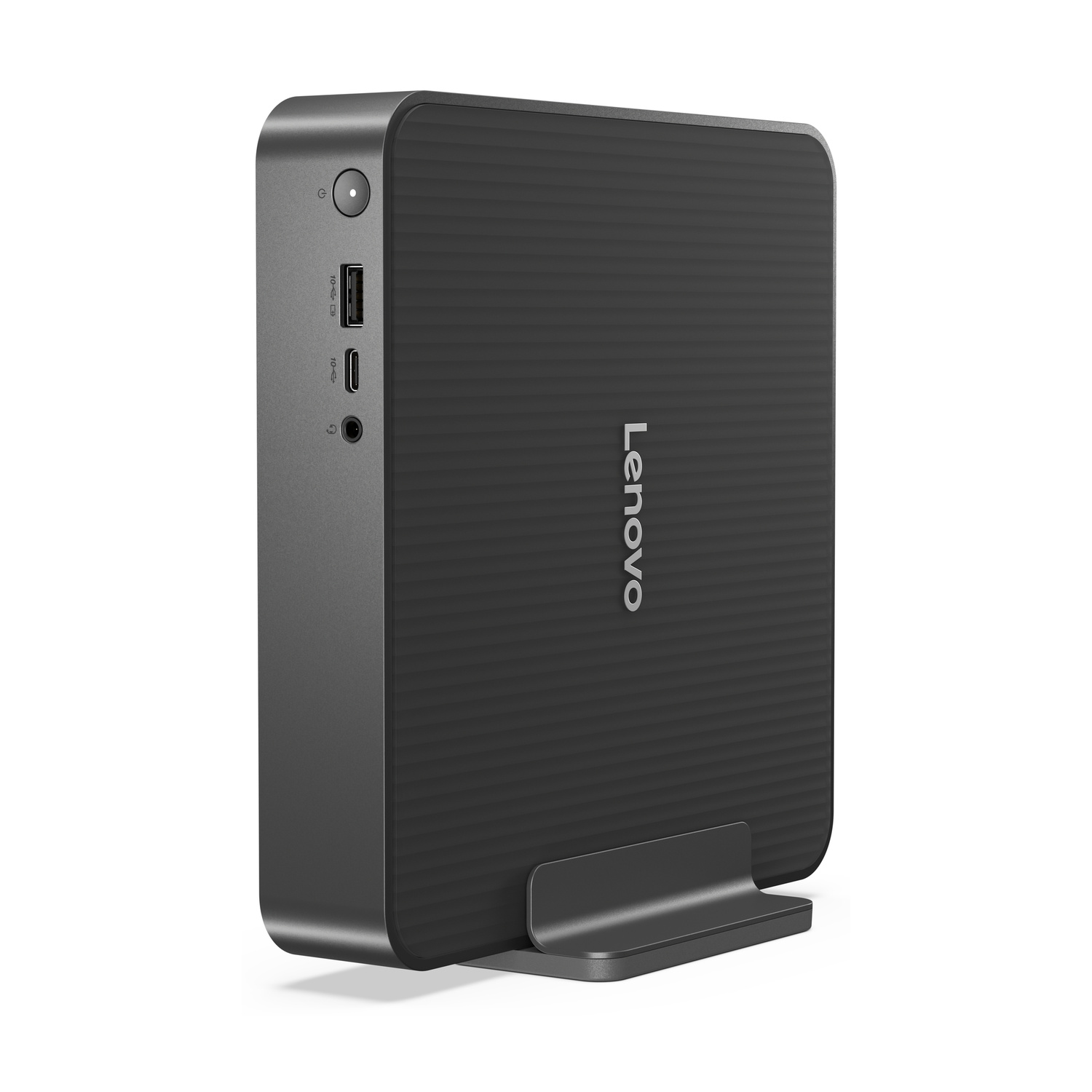 Mini PC Lenovo nero su supporto, con porte USB e audio sul lato.