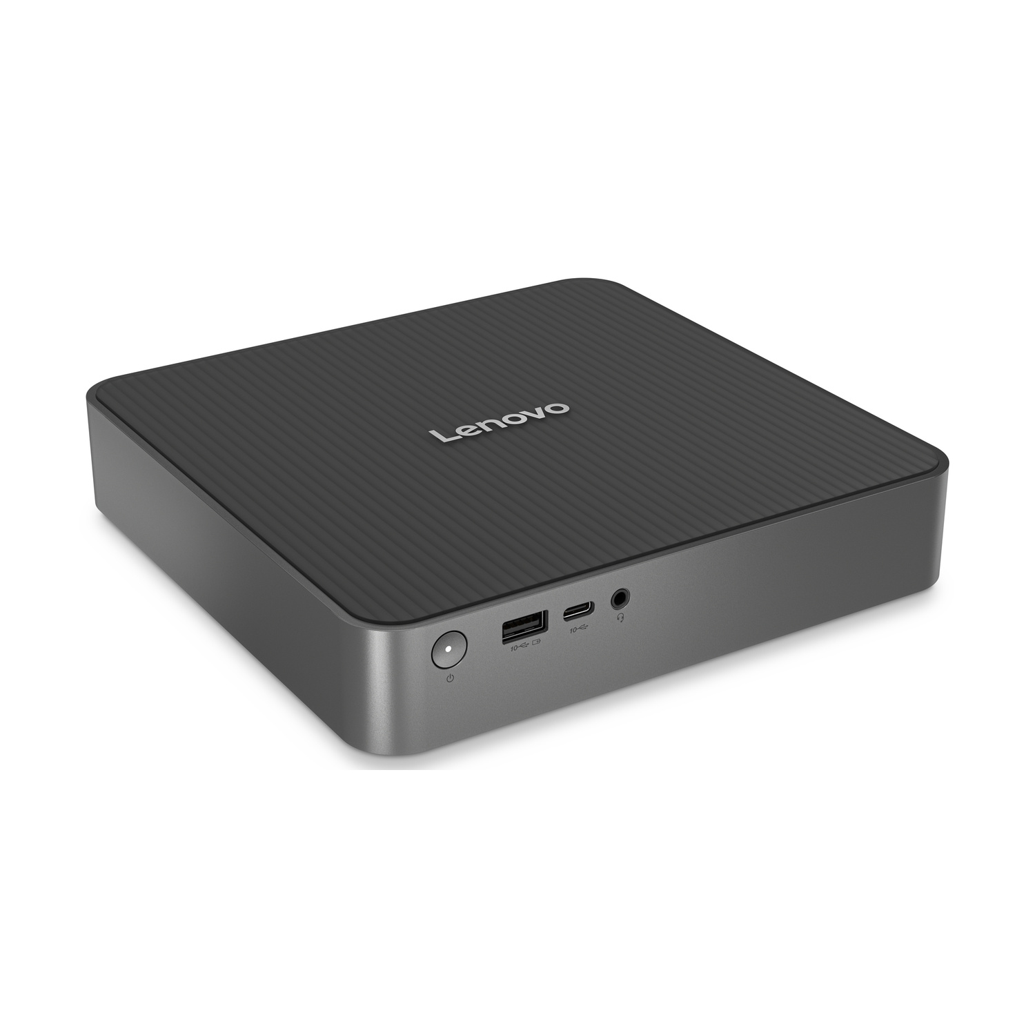 Un mini PC Lenovo compatto e scuro con coperchio scanalato e porte.