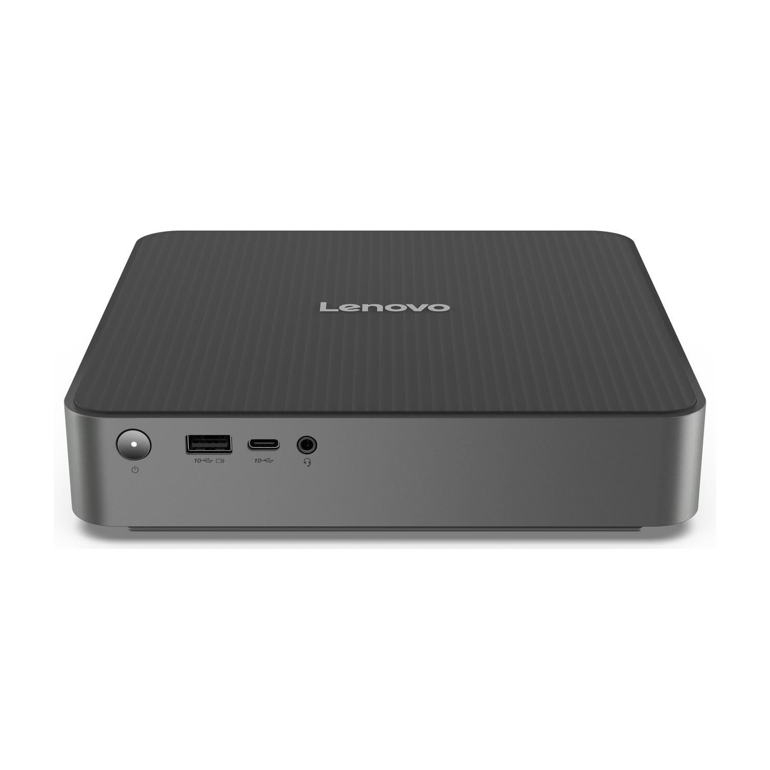 Un mini PC Lenovo grigio con porte USB e audio.
