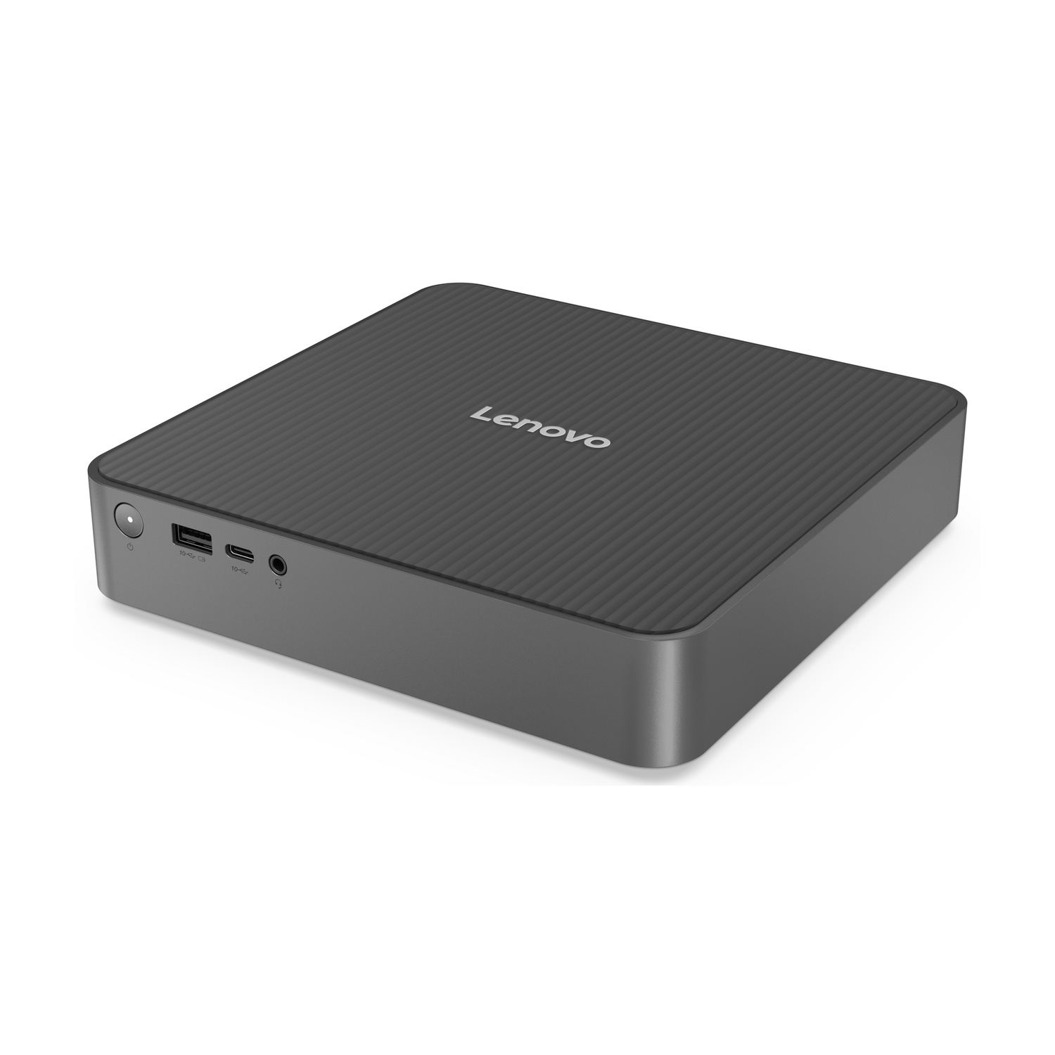 Un compatto computer Lenovo nero con porte e coperchio superiore scanalato.
