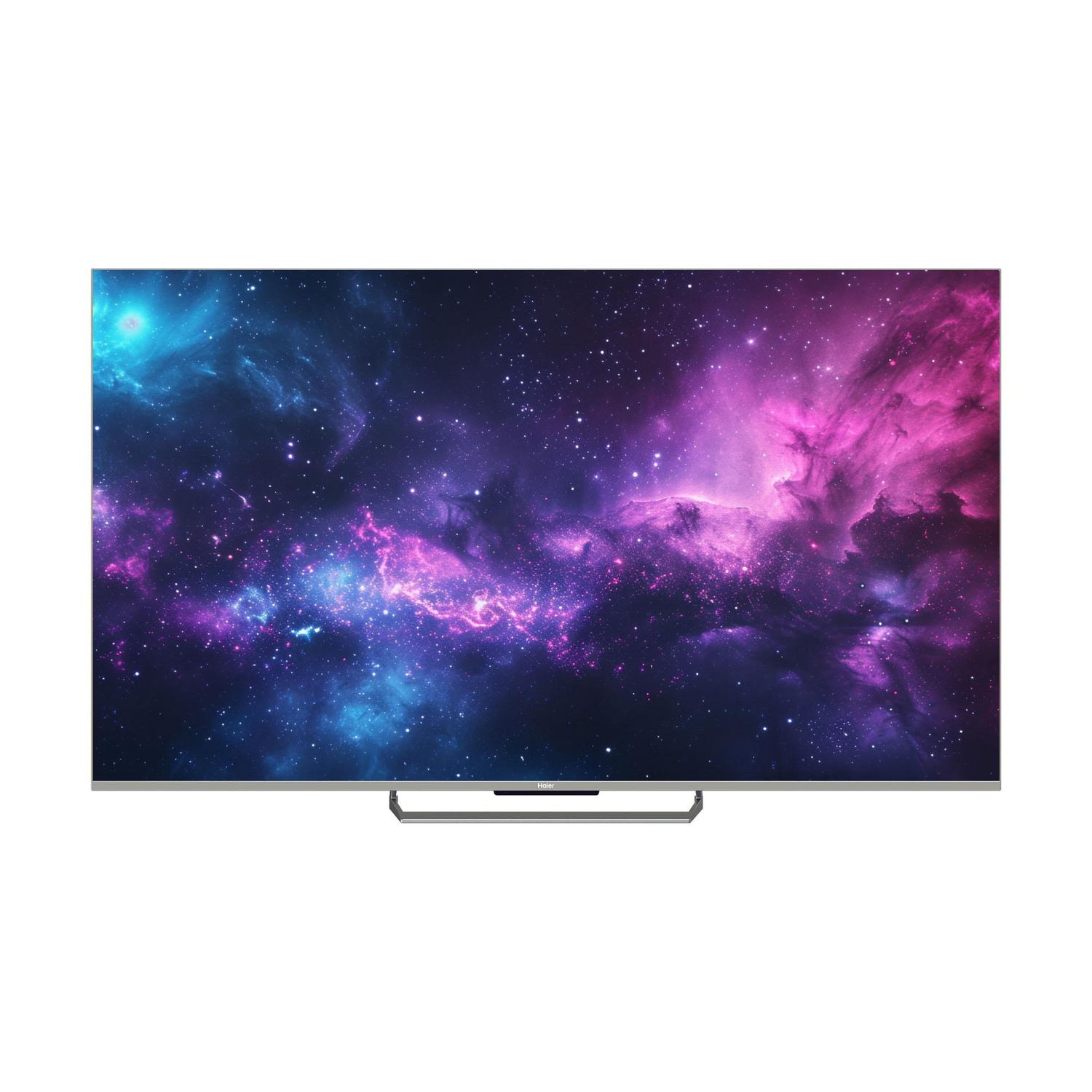 Un televisore moderno mostra un'immagine spaziale colorata con nebulose viola e blu.