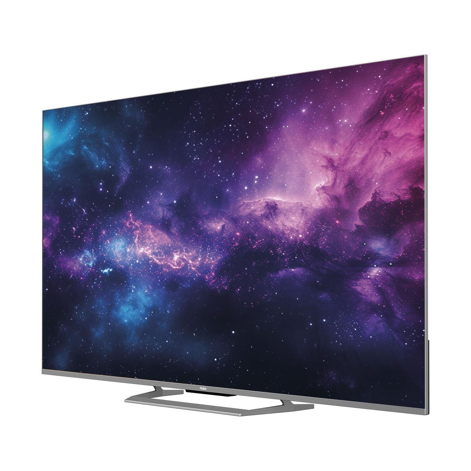 Una TV moderna a schermo piatto che mostra un'immagine di galassia.