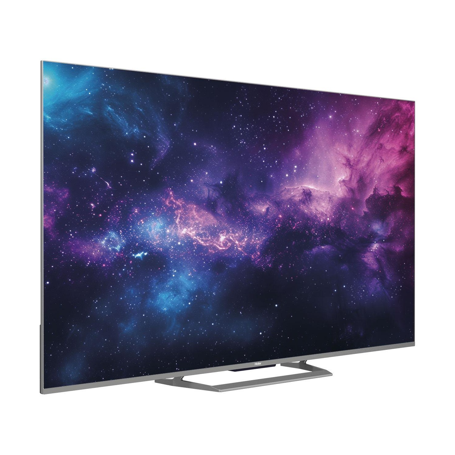 Una TV moderna mostra una colorata nebulosa galattica con stelle.
