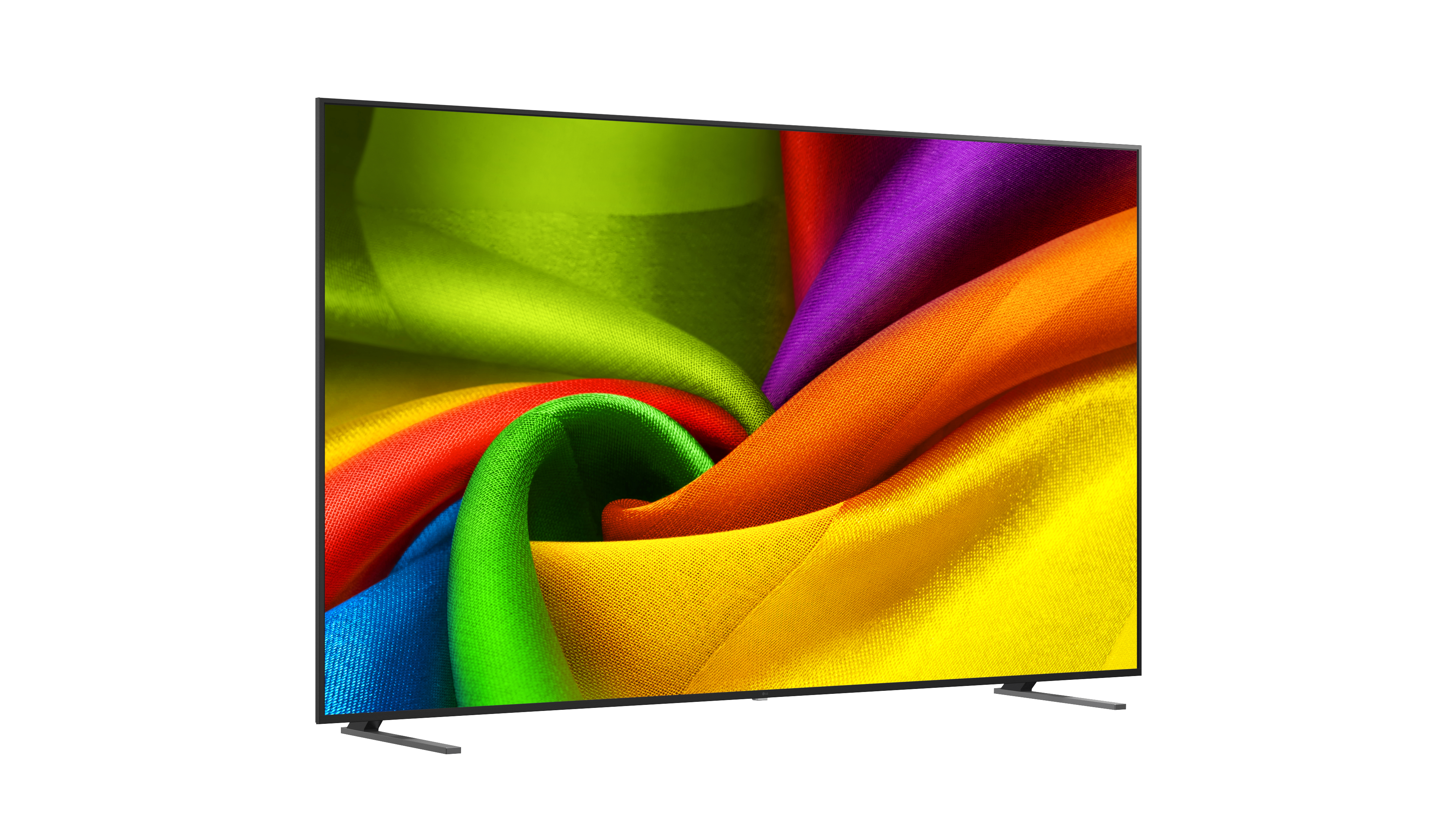 Ein moderner Fernseher mit einem bunten, wirbelnden Stoffmuster auf dem Bildschirm.