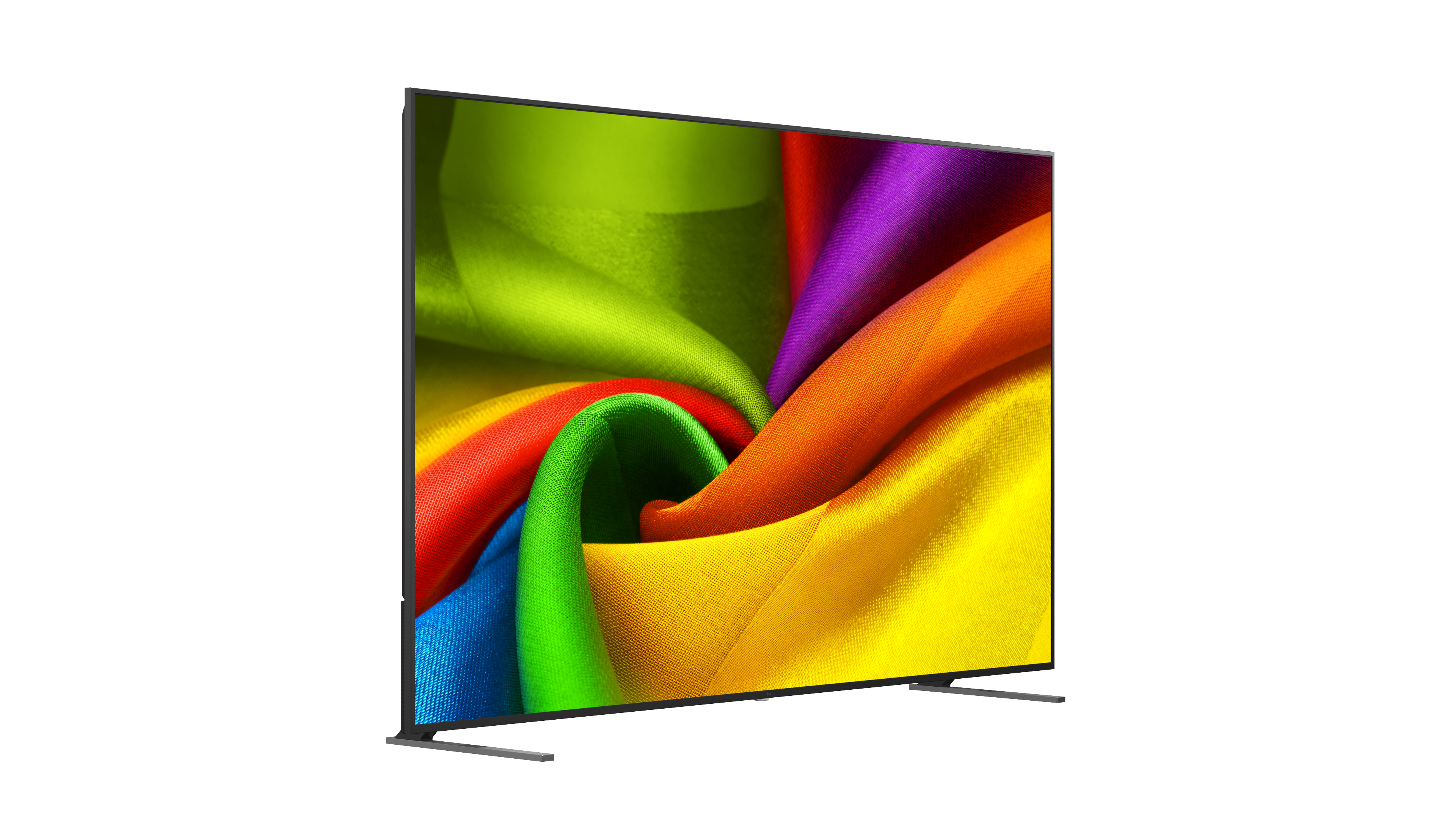Ein schlanker Fernseher mit einem bunten Stoffmuster auf dem Bildschirm.
