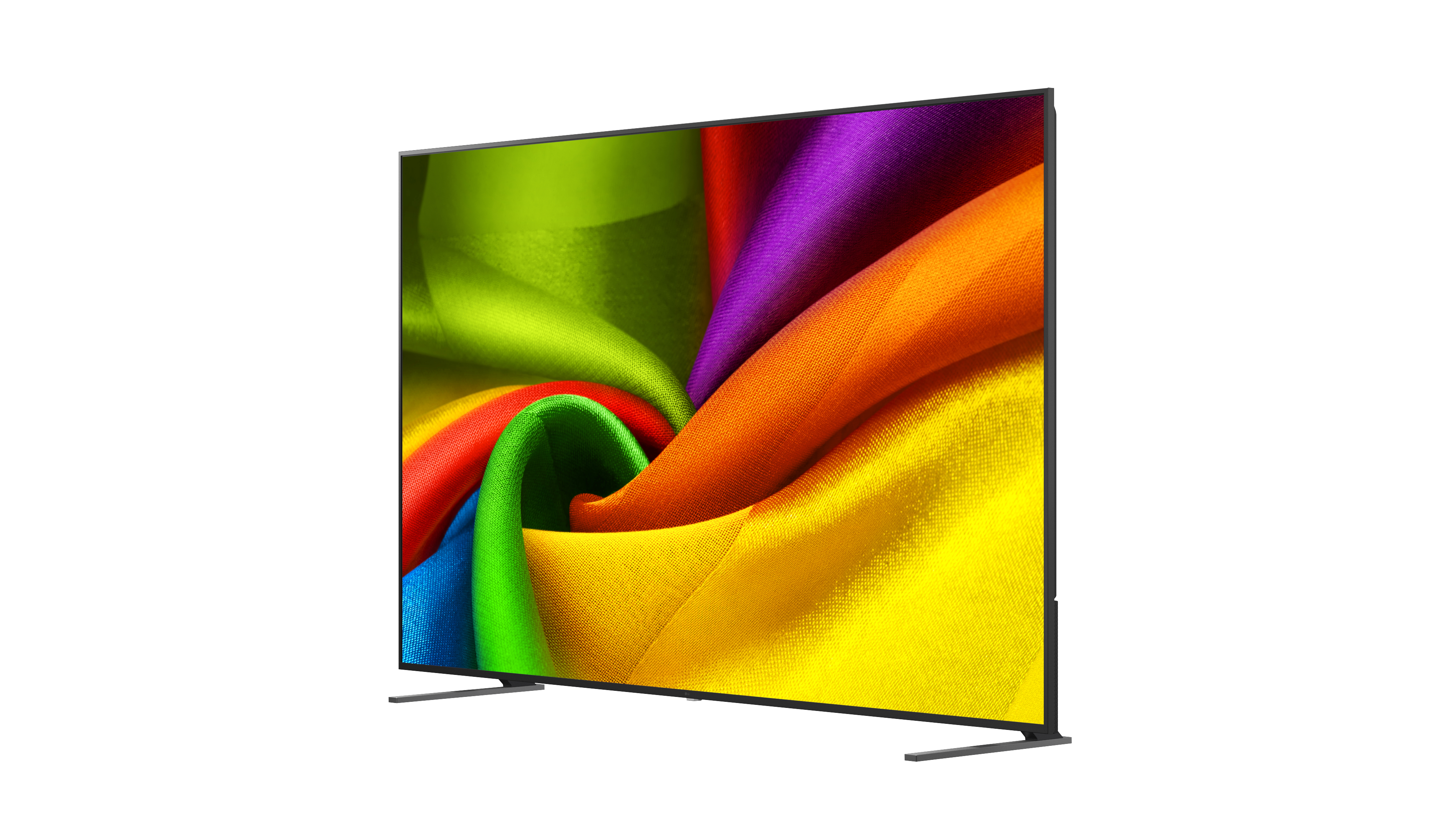 Ein moderner Fernseher mit einem farbenfrohen, wirbelnden Stoffmuster auf dem Bildschirm.