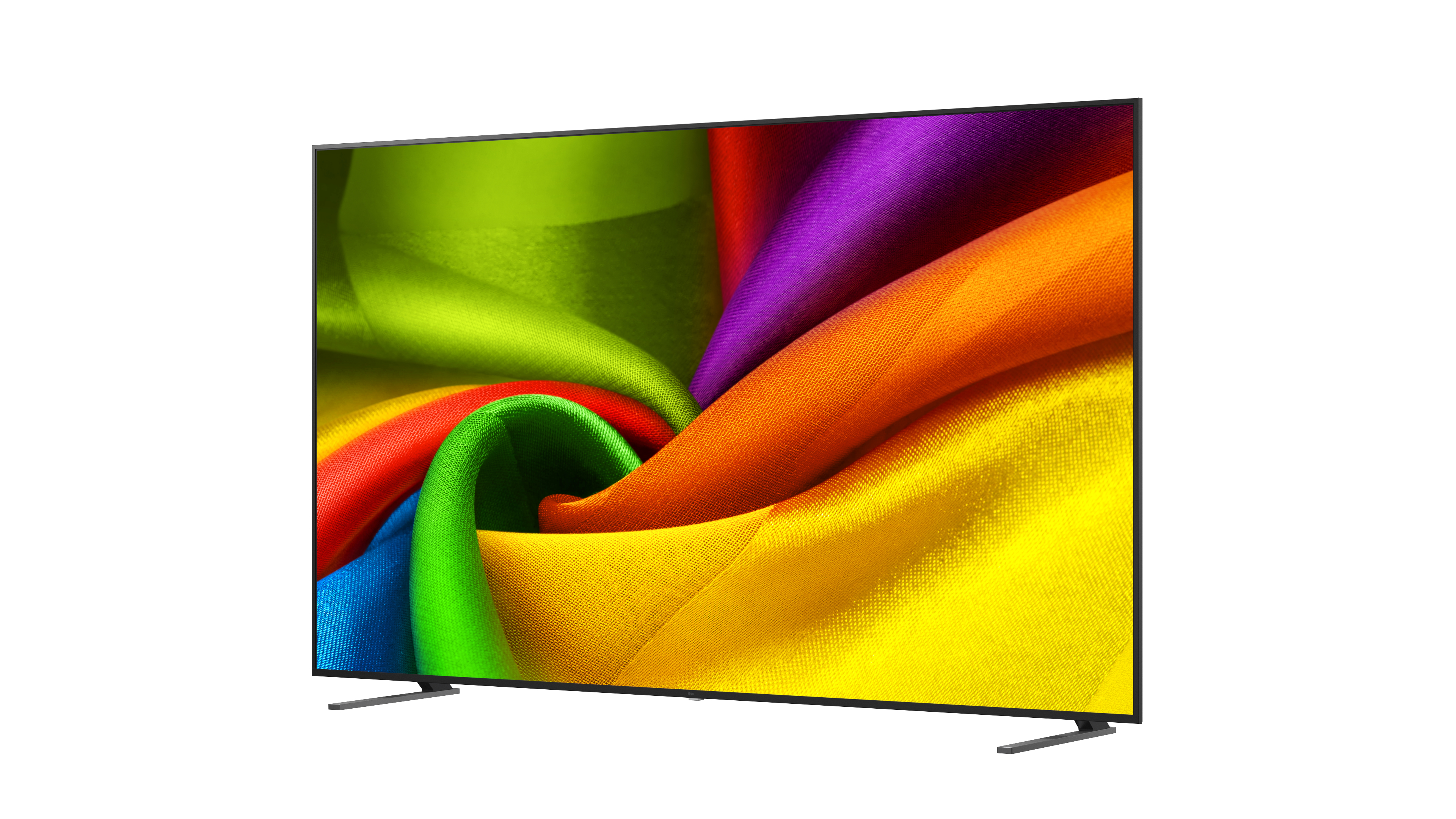 Ein moderner Fernseher mit einem lebendigen, bunten Stoffmuster auf dem Bildschirm.