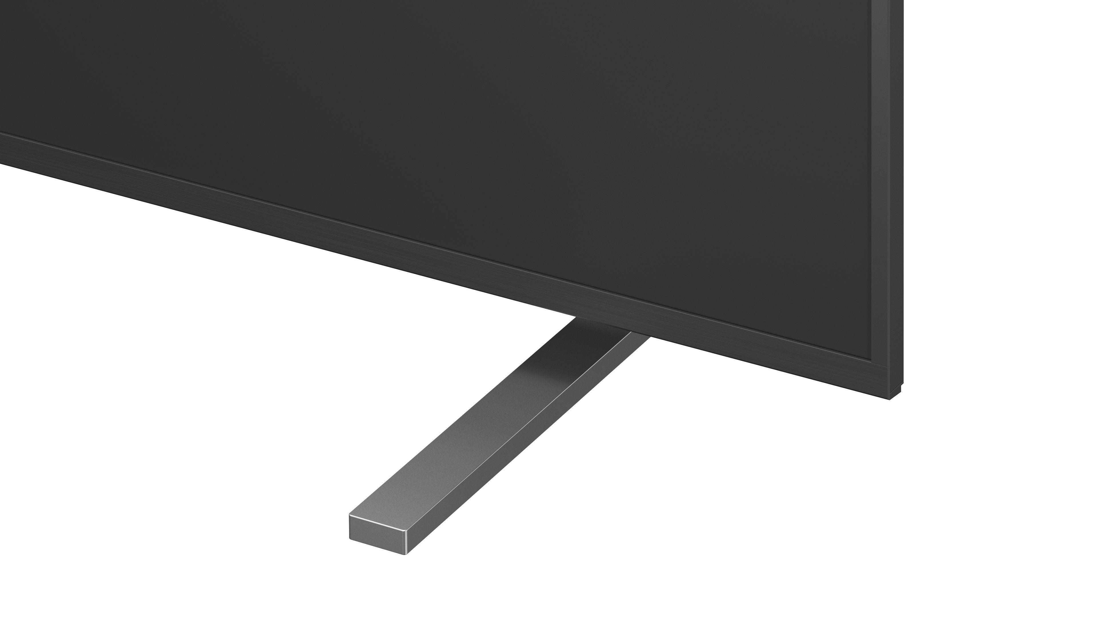 Ein moderner schwarzer Fernseher mit einem schmalen Metallfuß, auf weißem Hintergrund.
