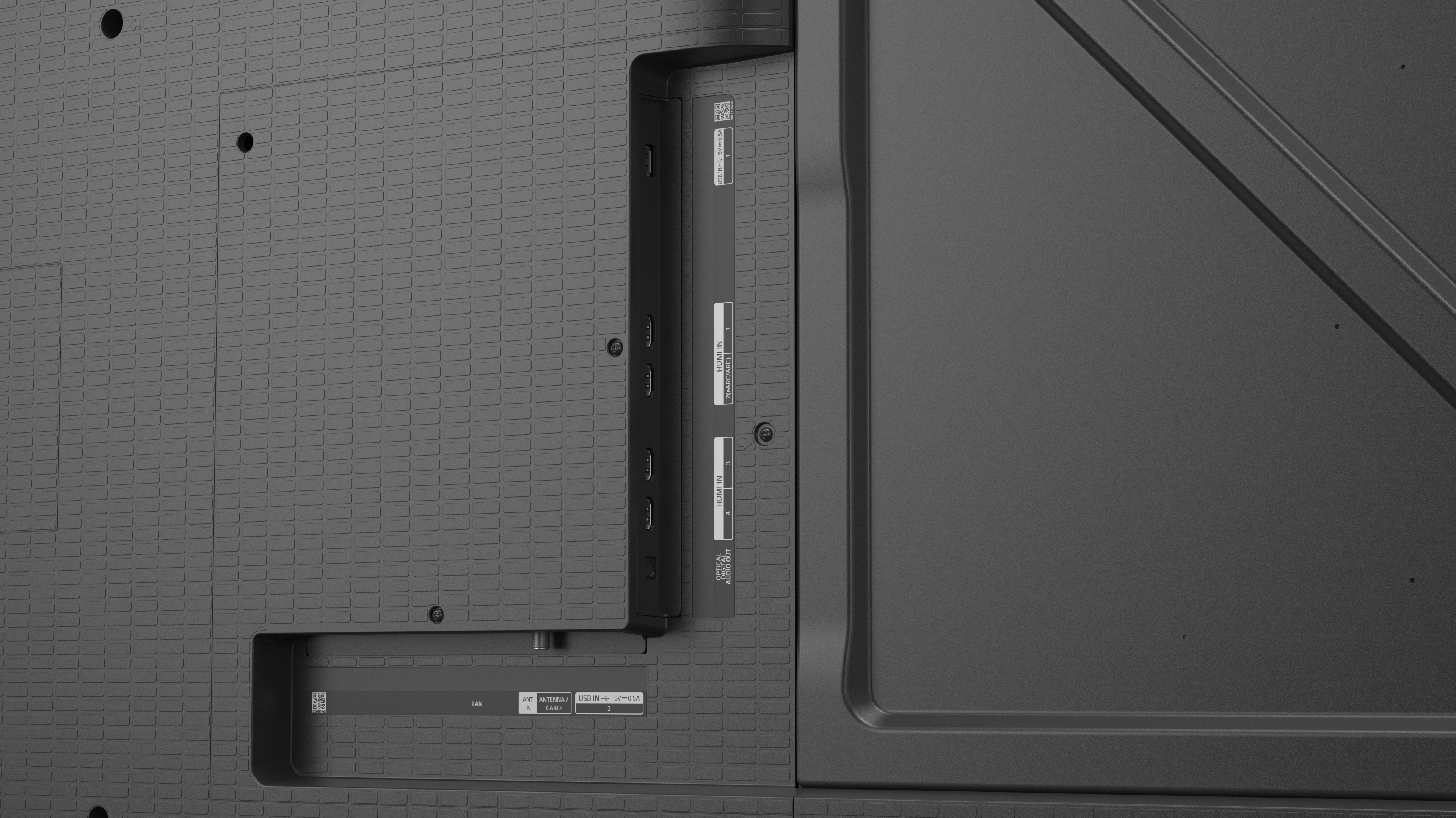 Rückseite eines Fernsehers mit Anschlüssen: HDMI, USB, LAN und Antenne.