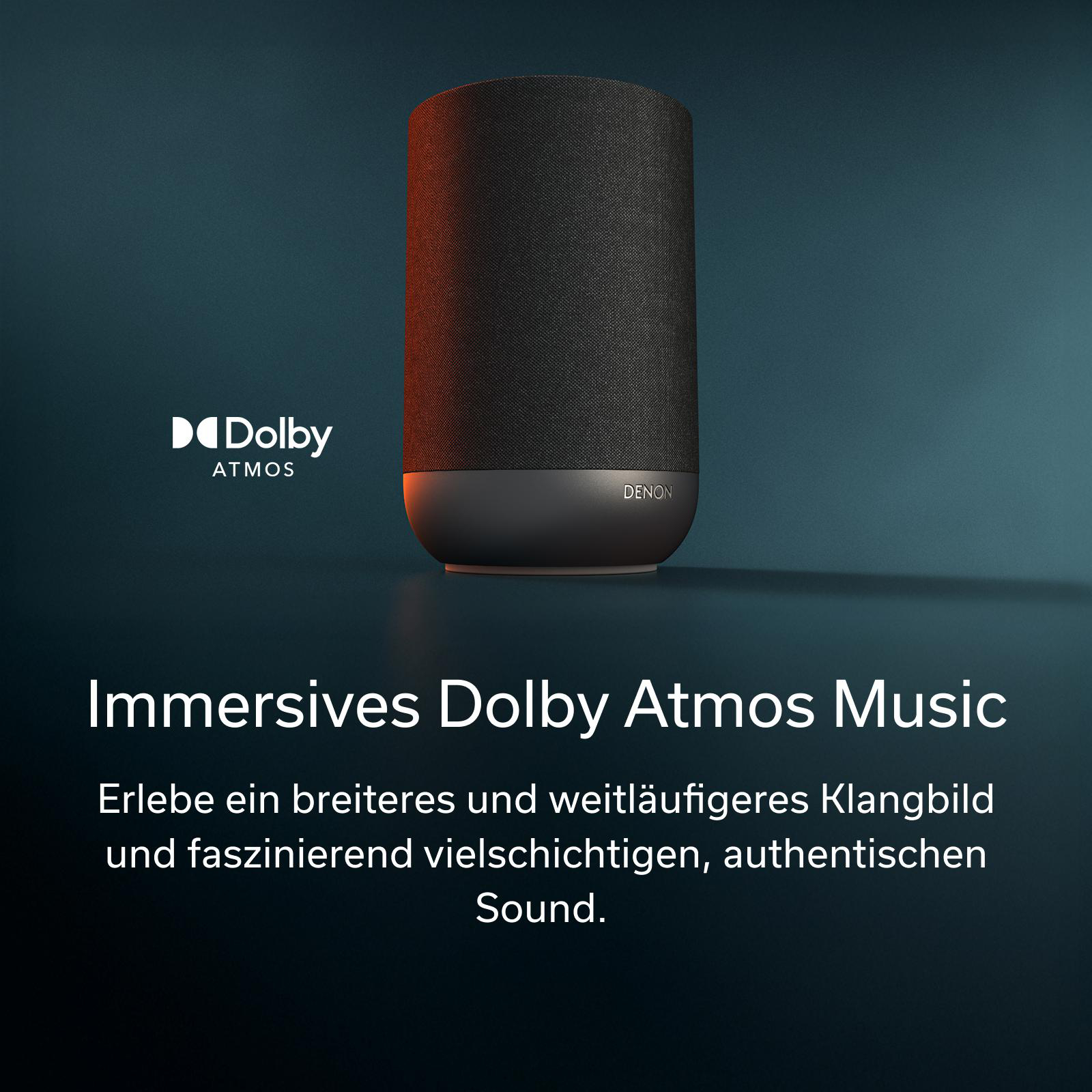 Ein schwarzer Denon Lautsprecher mit Dolby Atmos Logo. Immersiver Sound.
