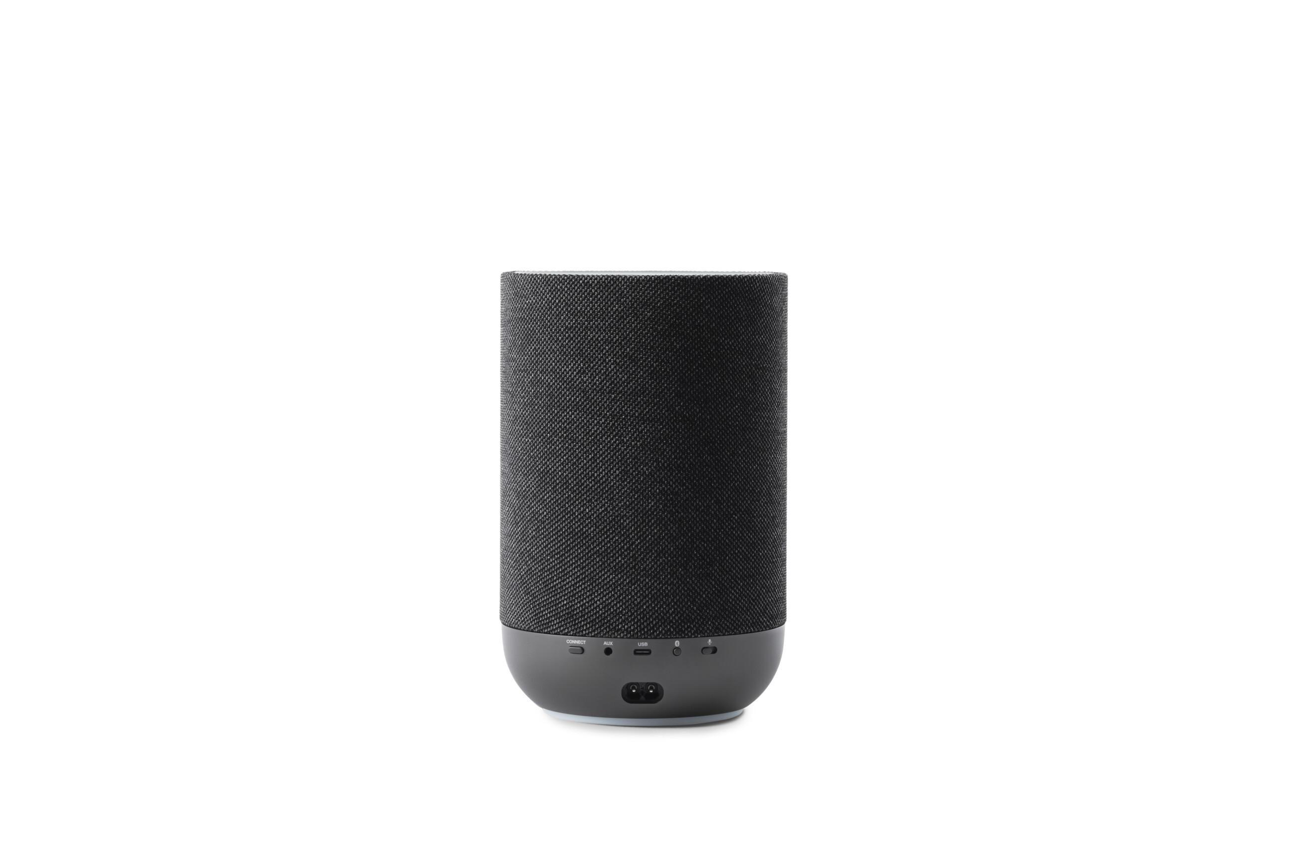 Ein schwarzer Stofflautsprecher mit grauer Basis und Anschlüssen.