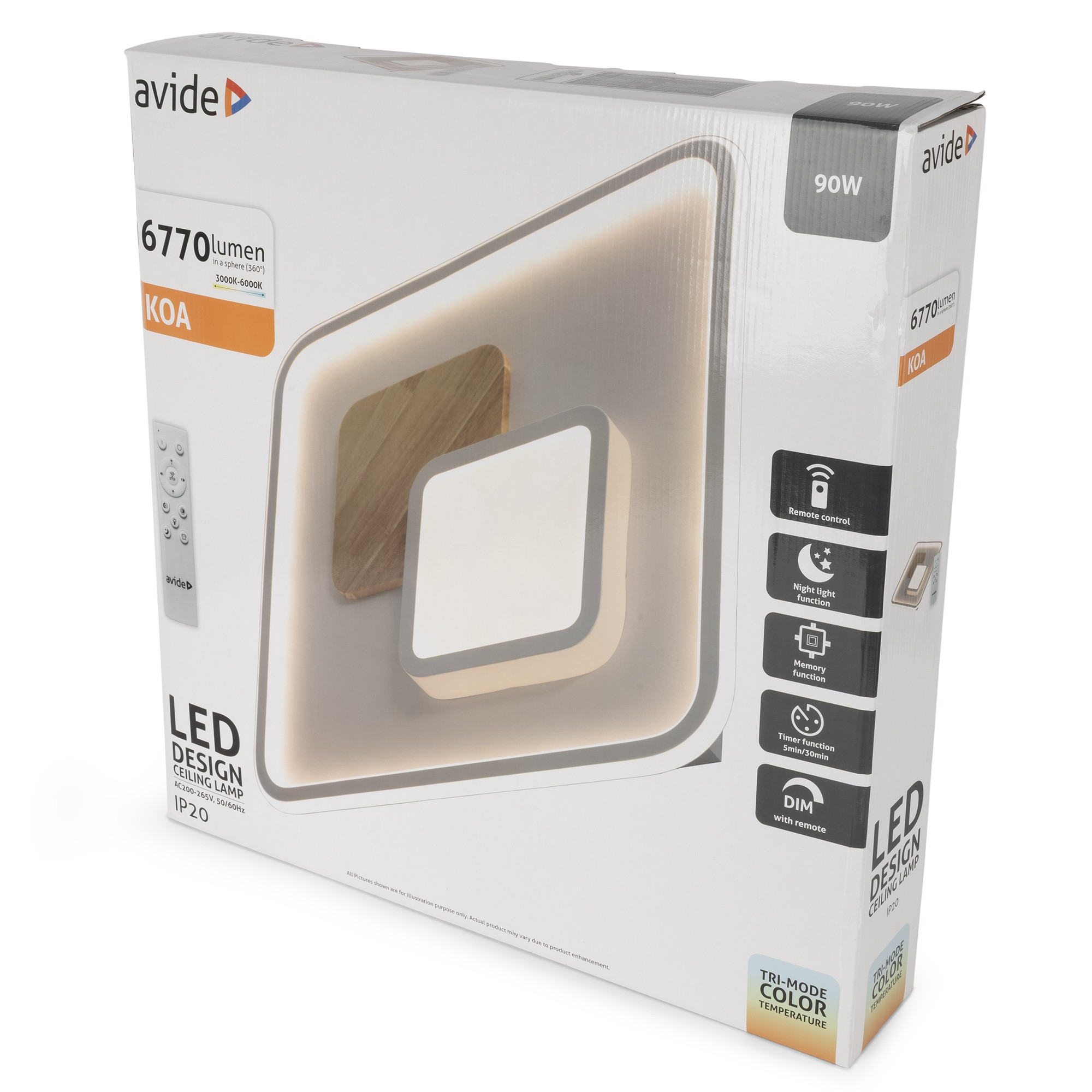 LED mennyezeti lámpa csomagolása távirányítóval, 6770 lumen, 90W.