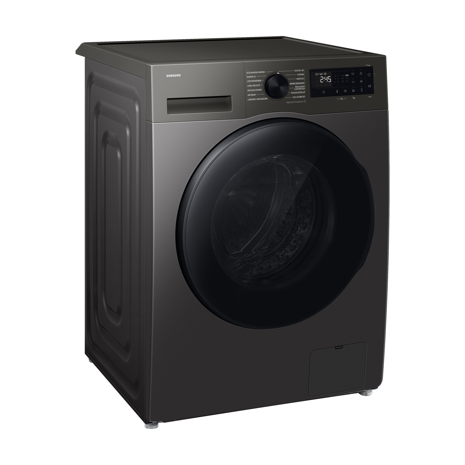 Lavatrice Samsung grigio scuro con oblò tondo nero e pannello comandi.