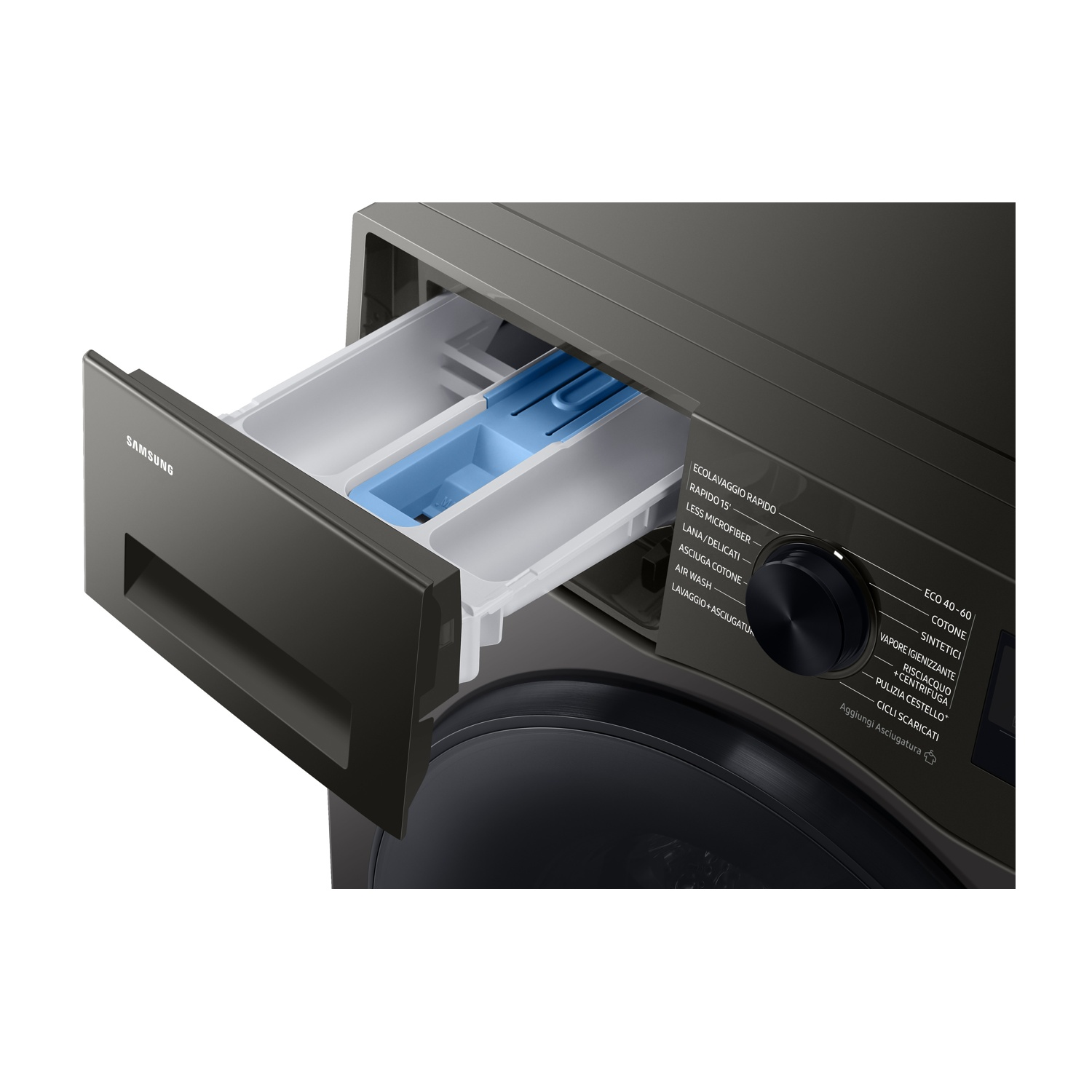 Lavatrice con cassetto detersivo estratto e pannello comandi.