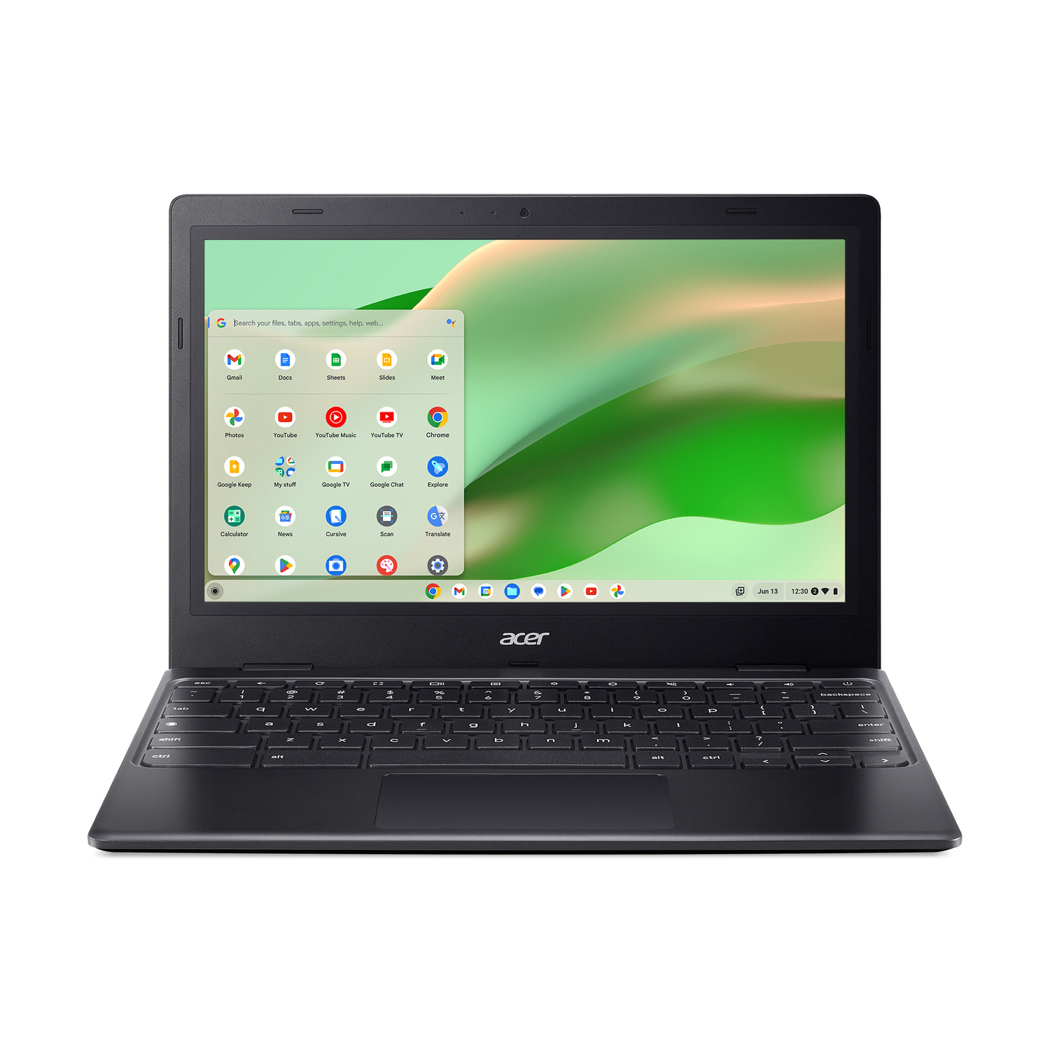 Un Chromebook Acer nero aperto, che mostra l'interfaccia di Chrome OS con icone app.