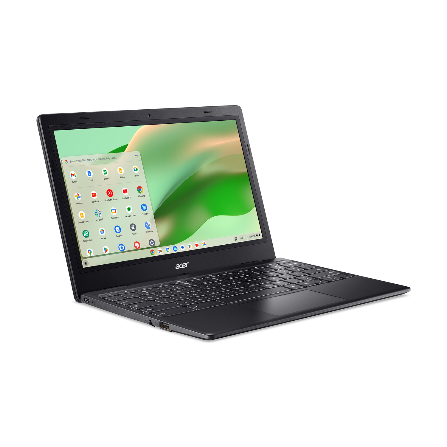 Chromebook Acer nero aperto, mostra tastiera, trackpad e schermo con icone app e sfondo.