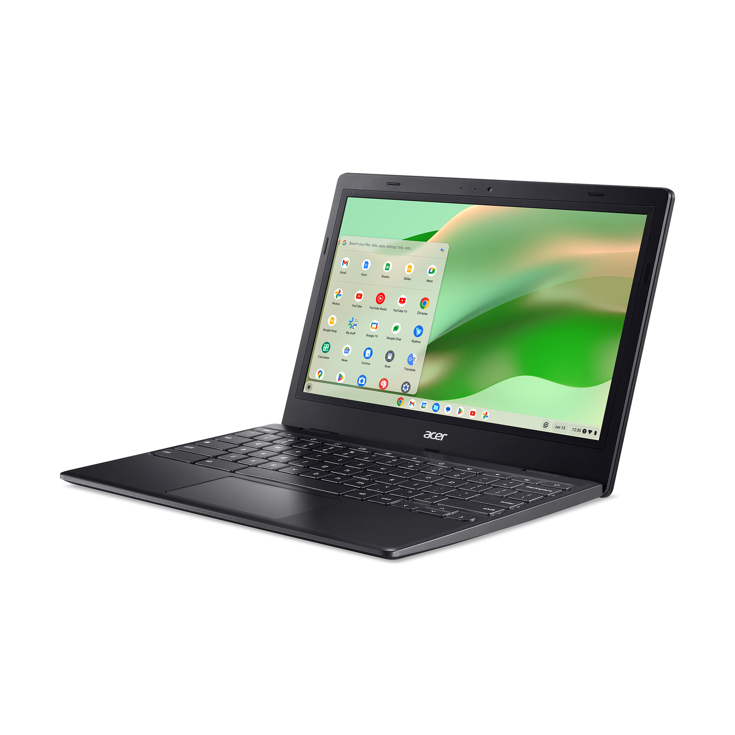 Un laptop Acer nero con lo schermo aperto, che mostra le app.