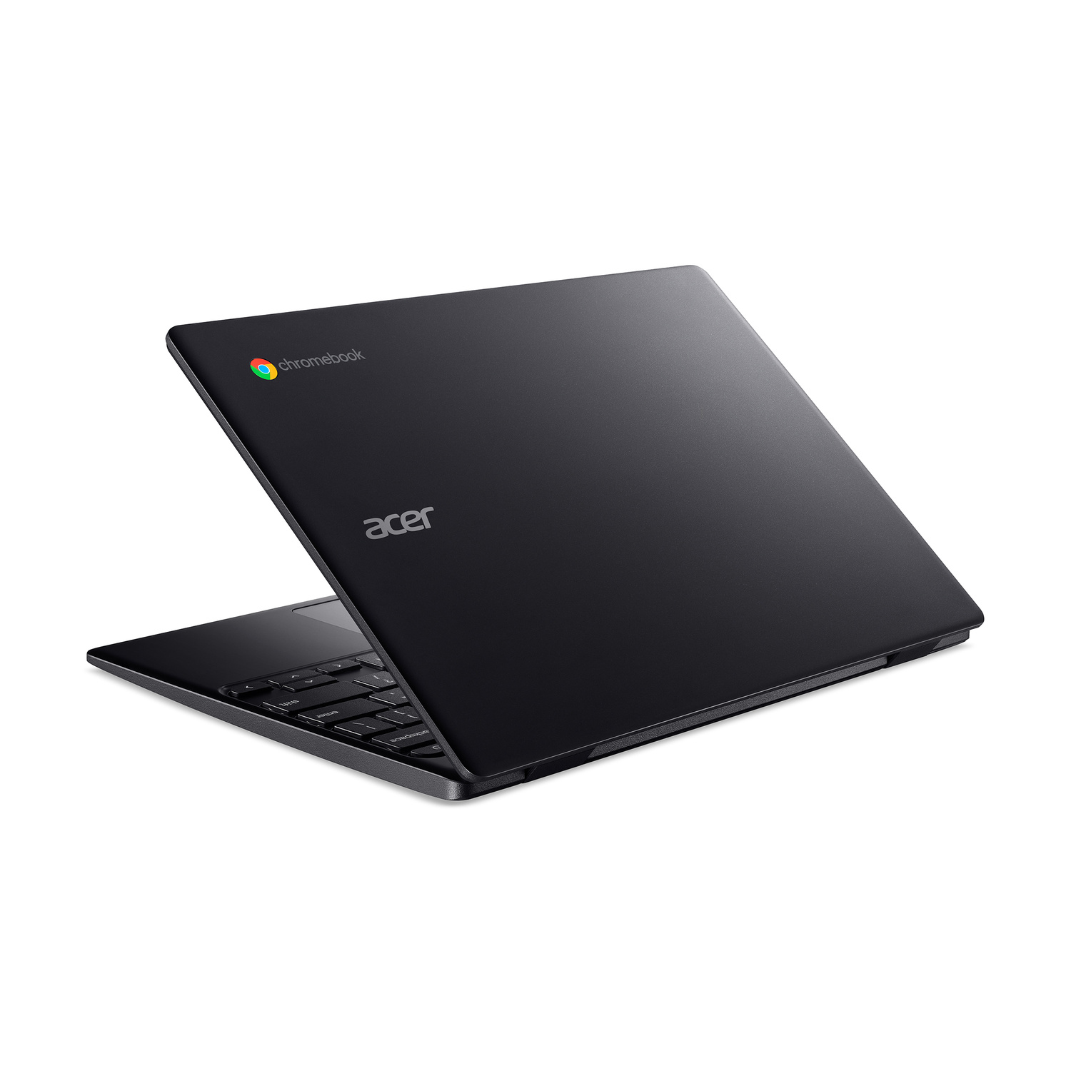 Chromebook Acer nero aperto, tastiera visibile. Sfondo bianco.