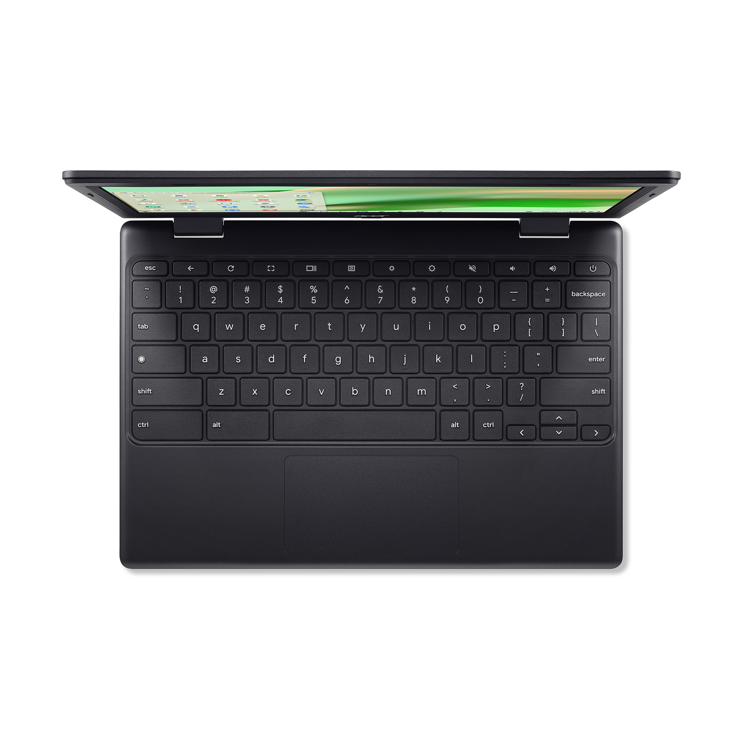 Laptop nero con schermo aperto, vista della tastiera dall'alto.