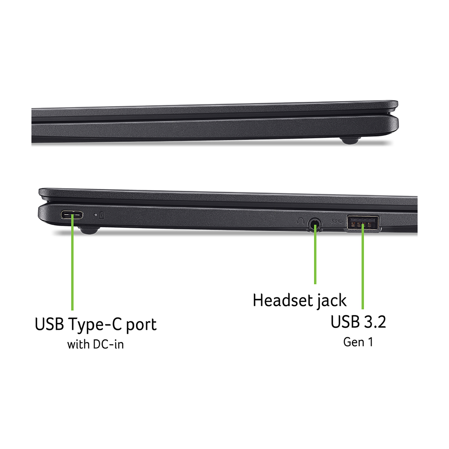Primo piano delle porte del laptop: USB Type-C con DC-in, jack per cuffie, USB 3.2 Gen 1.