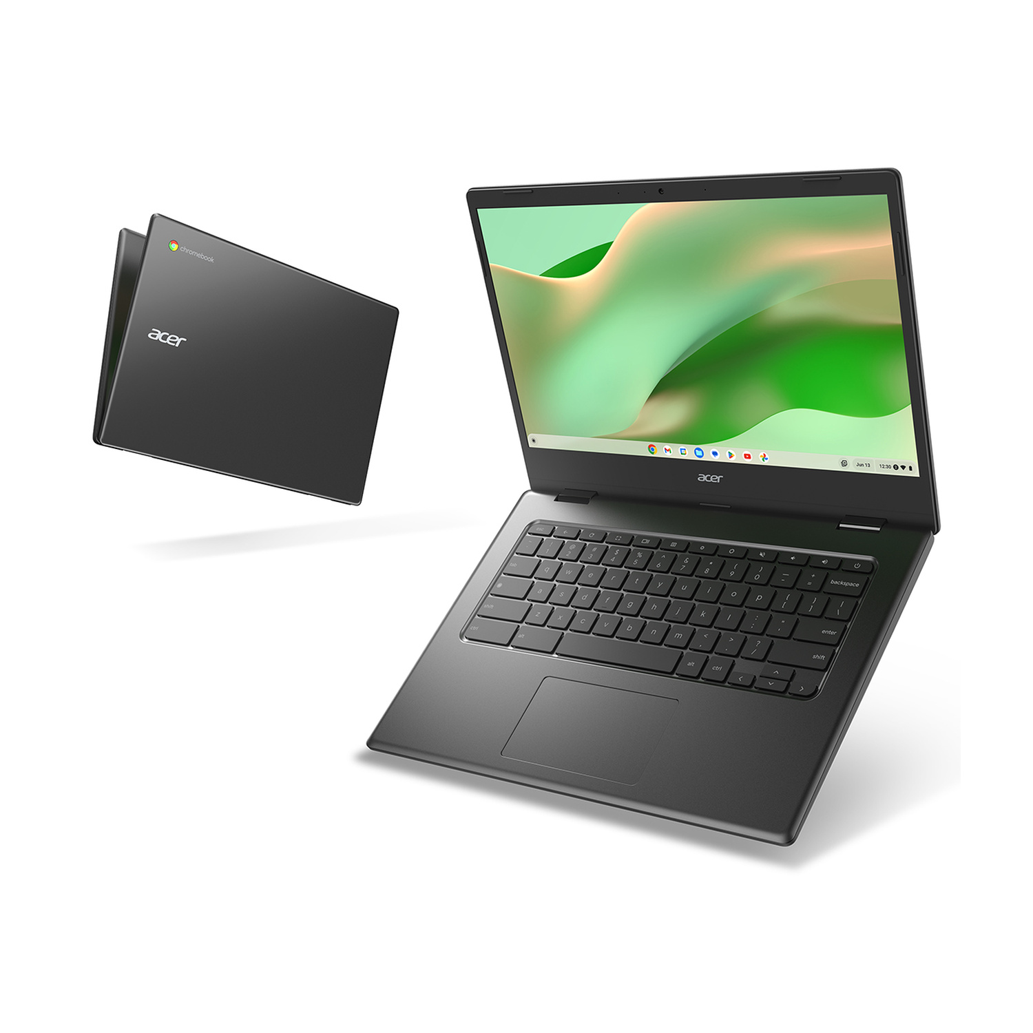 Due Chromebook Acer grigio scuro, uno aperto, uno chiuso, su sfondo bianco.