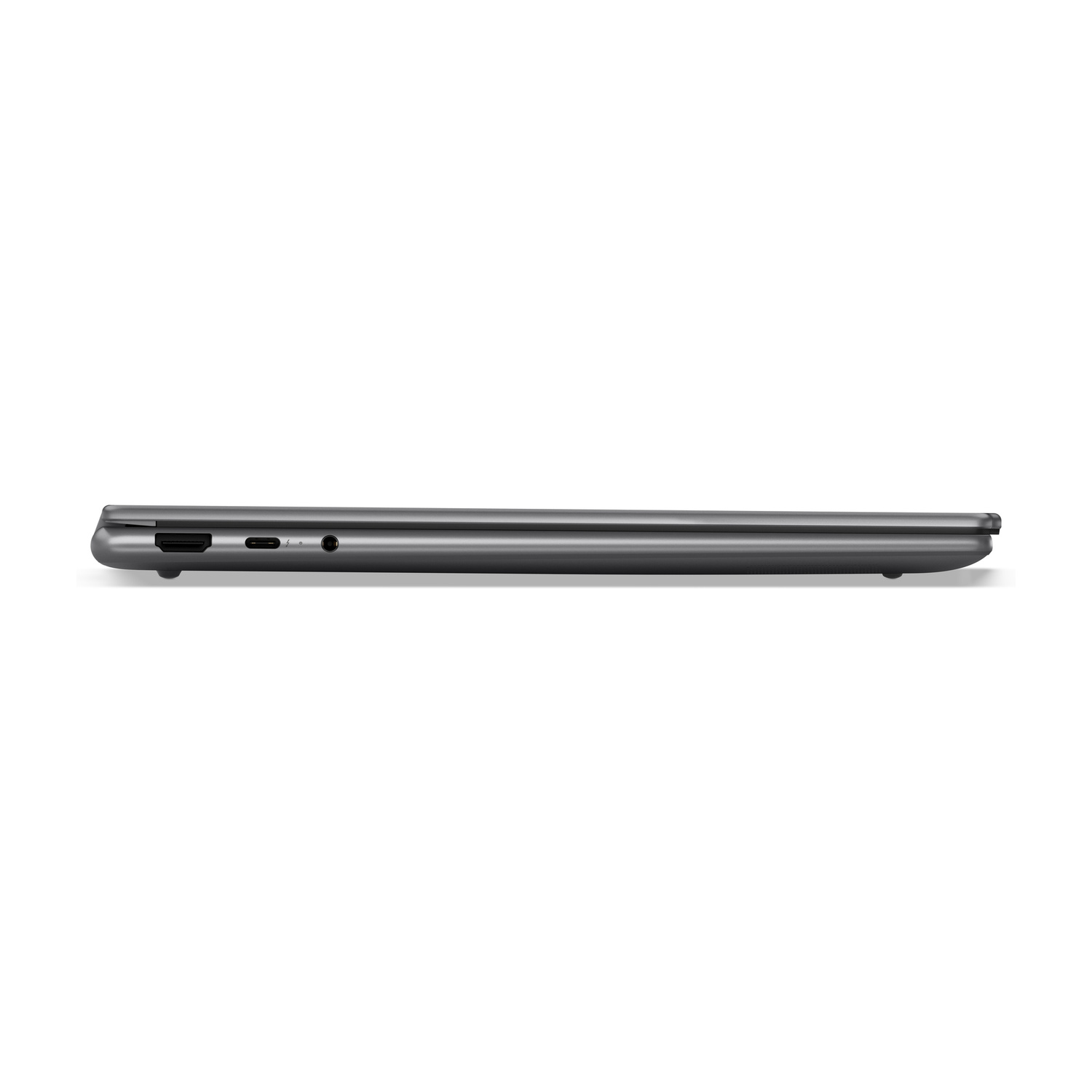 Vista laterale di un laptop grigio con porte HDMI, USB-C e cuffie.