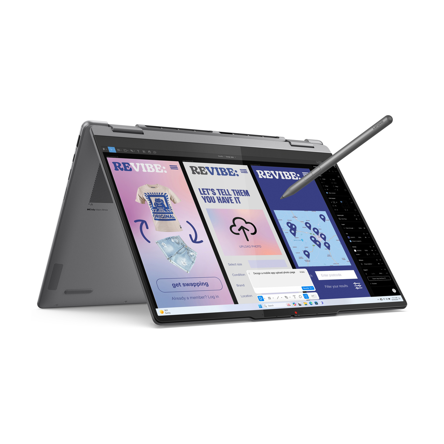 Un laptop convertibile Lenovo grigio con stilo, aperto mostra un'app con abbigliamento.