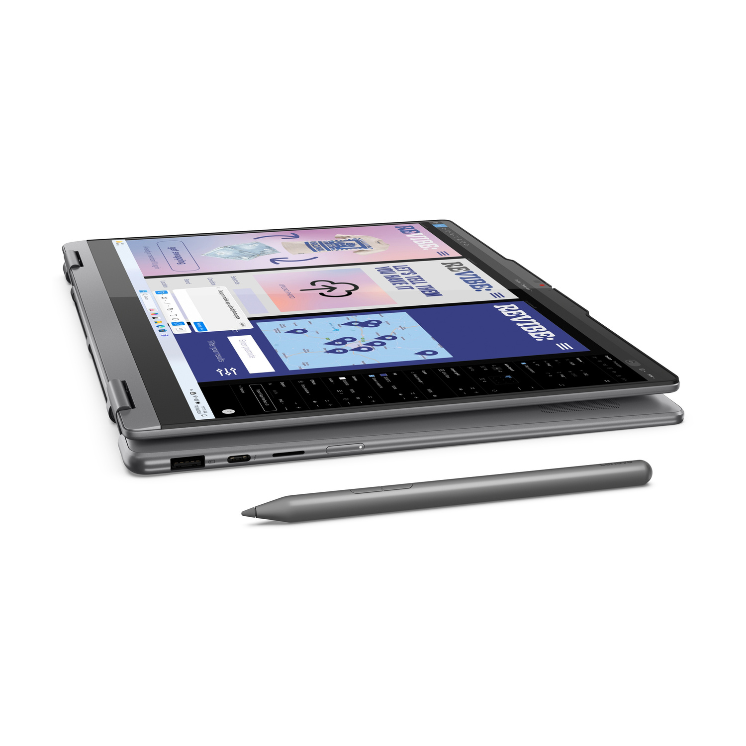 Un laptop convertibile grigio con stilo poggia su una superficie bianca.