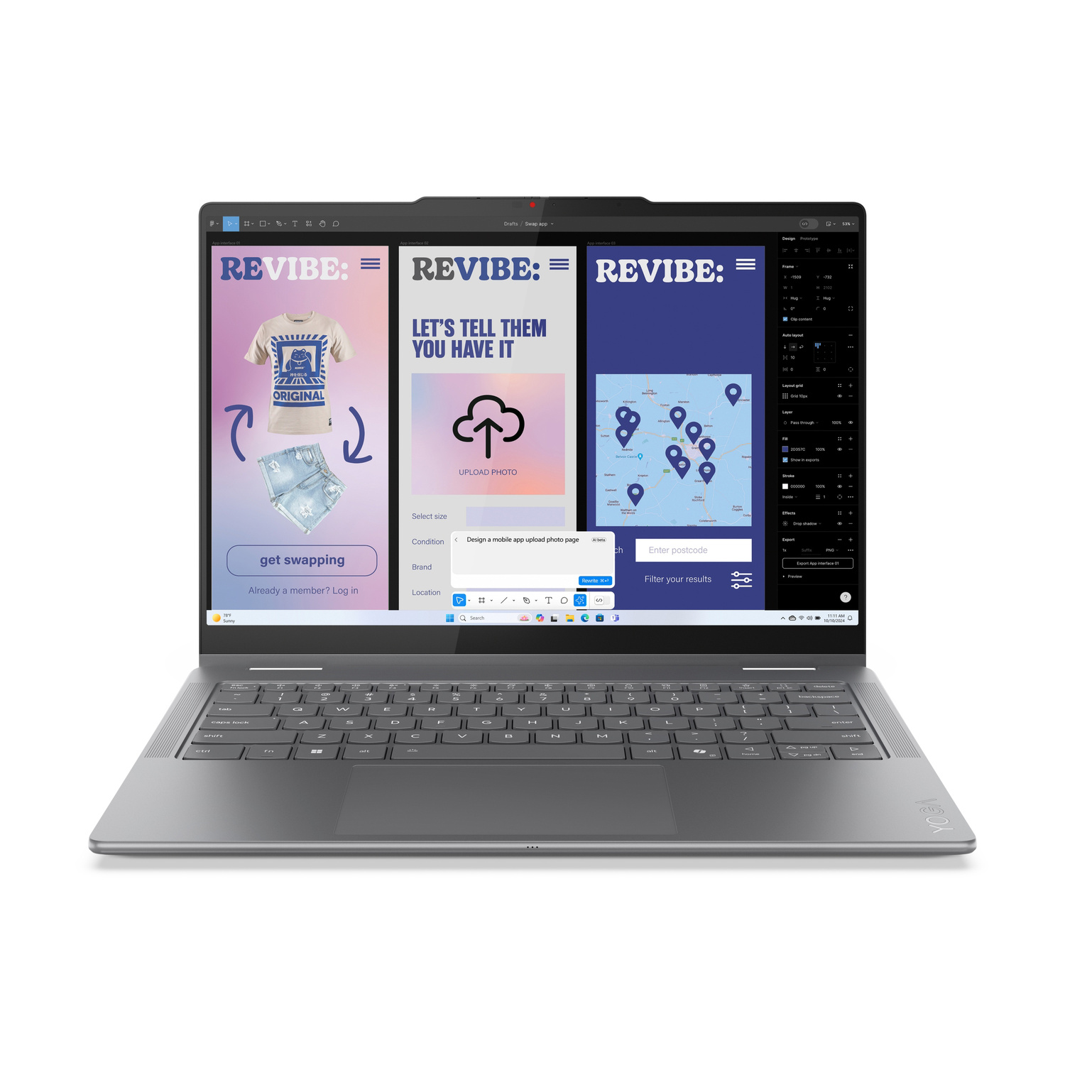 Un laptop mostra un'app di design con vestiti, mappe e campi di input.