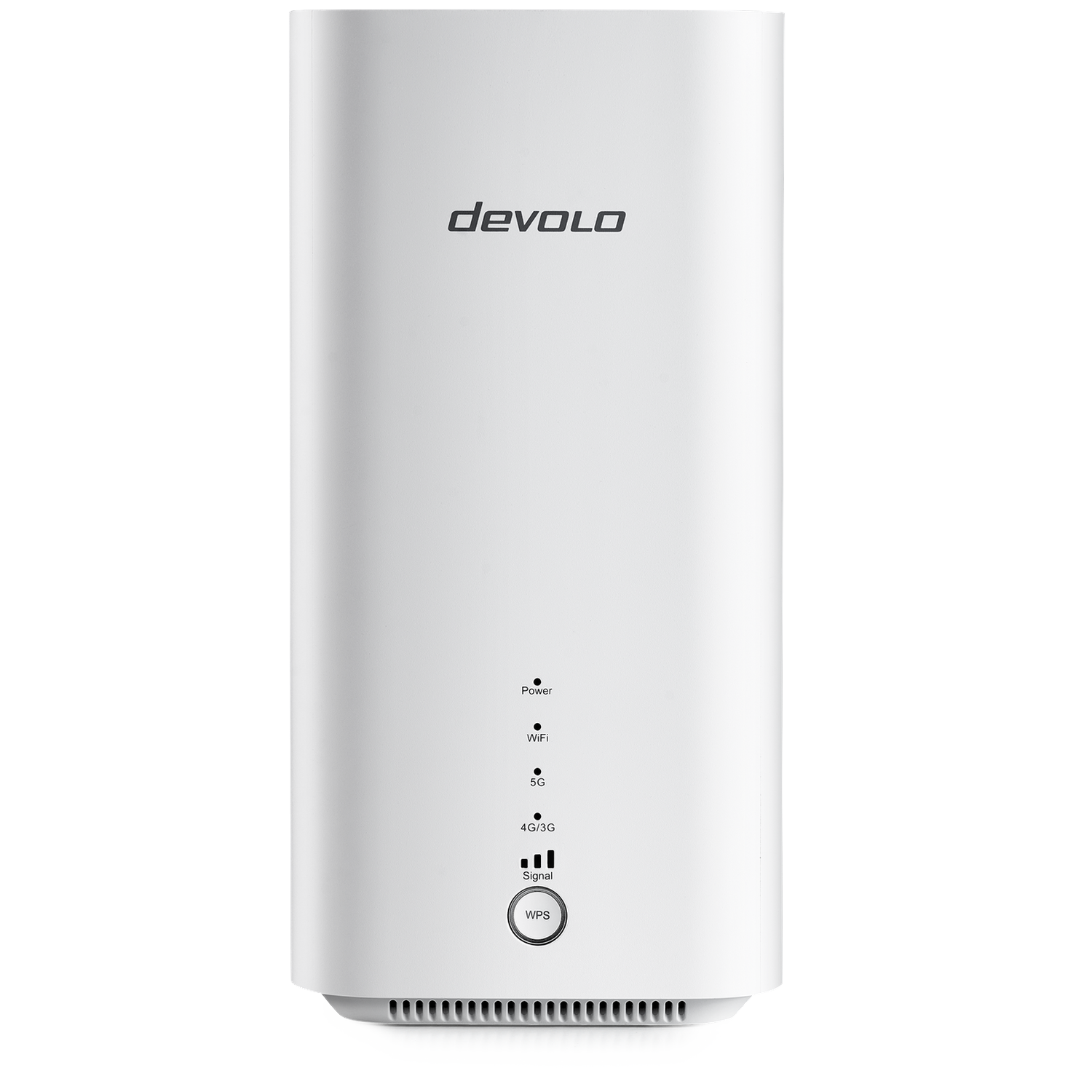 A white Devolo router with "Power", "WiFi", "5G", "4G/3G" and "Signal" LEDs.