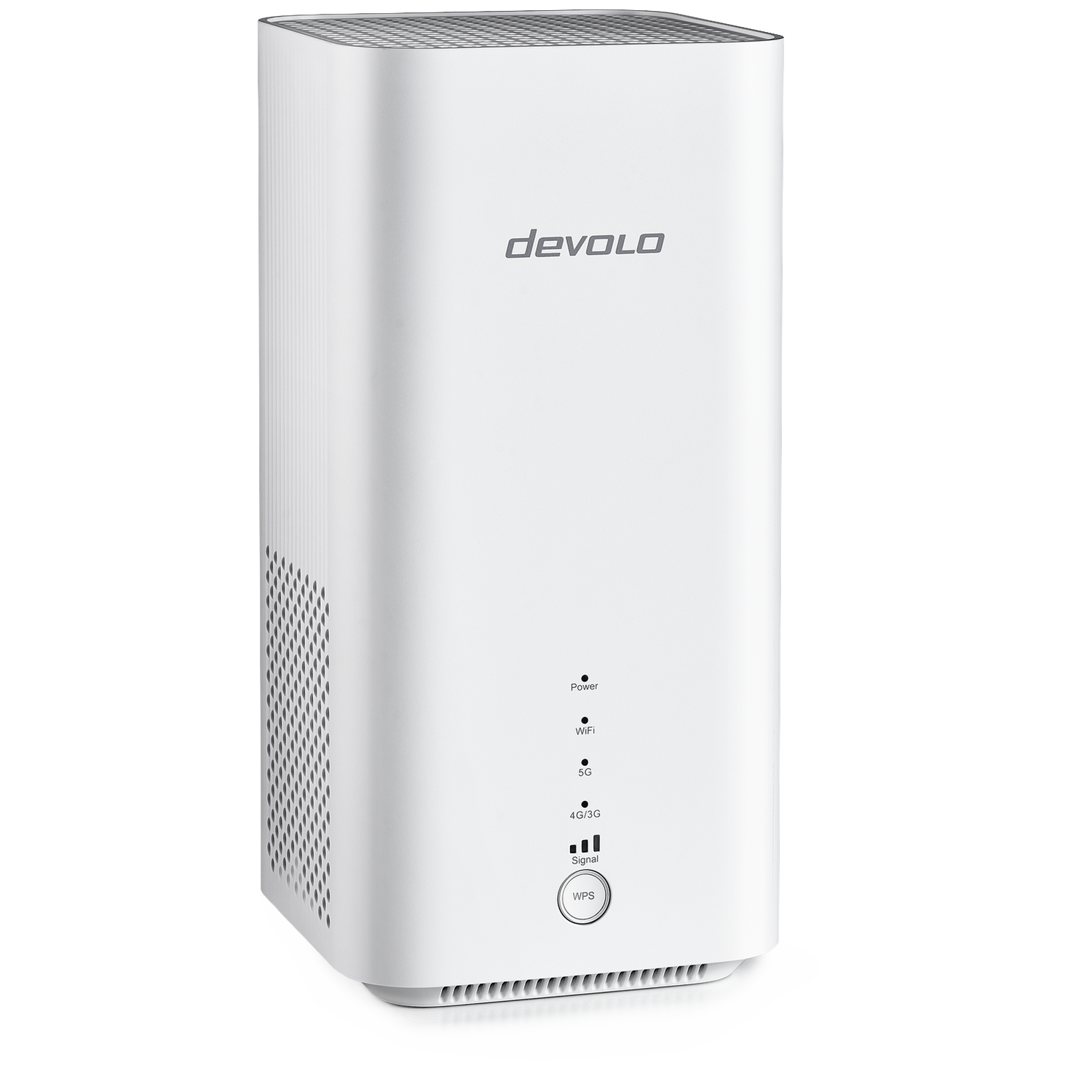 A white Devolo router with lights for power, WiFi, 5G, and signal.