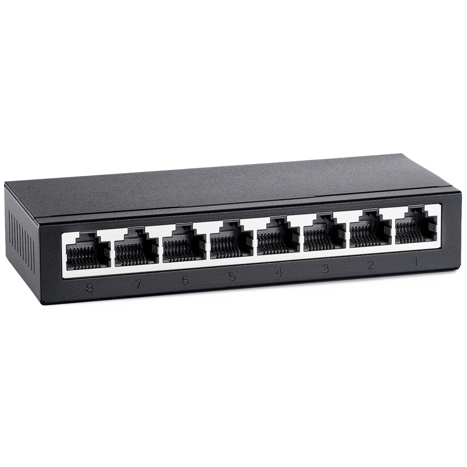 Un switch réseau noir à 8 ports avec ports numérotés.