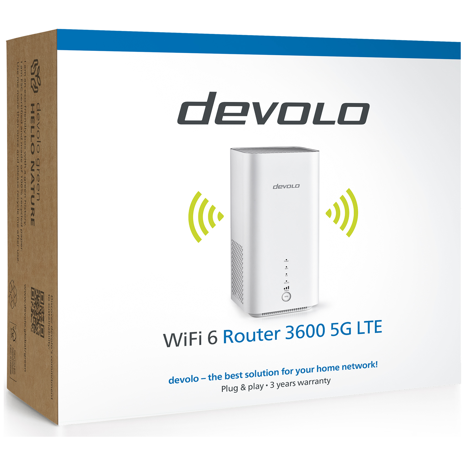Devolo WiFi 6 Router 3600 5G LTE box. White router shown with WiFi symbols.