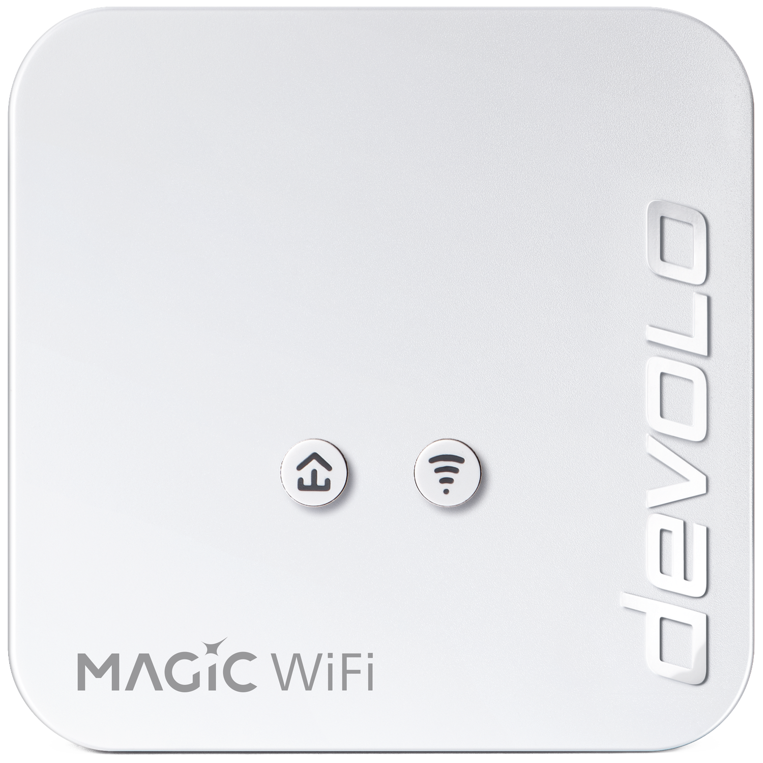 A white Devolo Magic WiFi Powerline adapter with house and WiFi symbols.