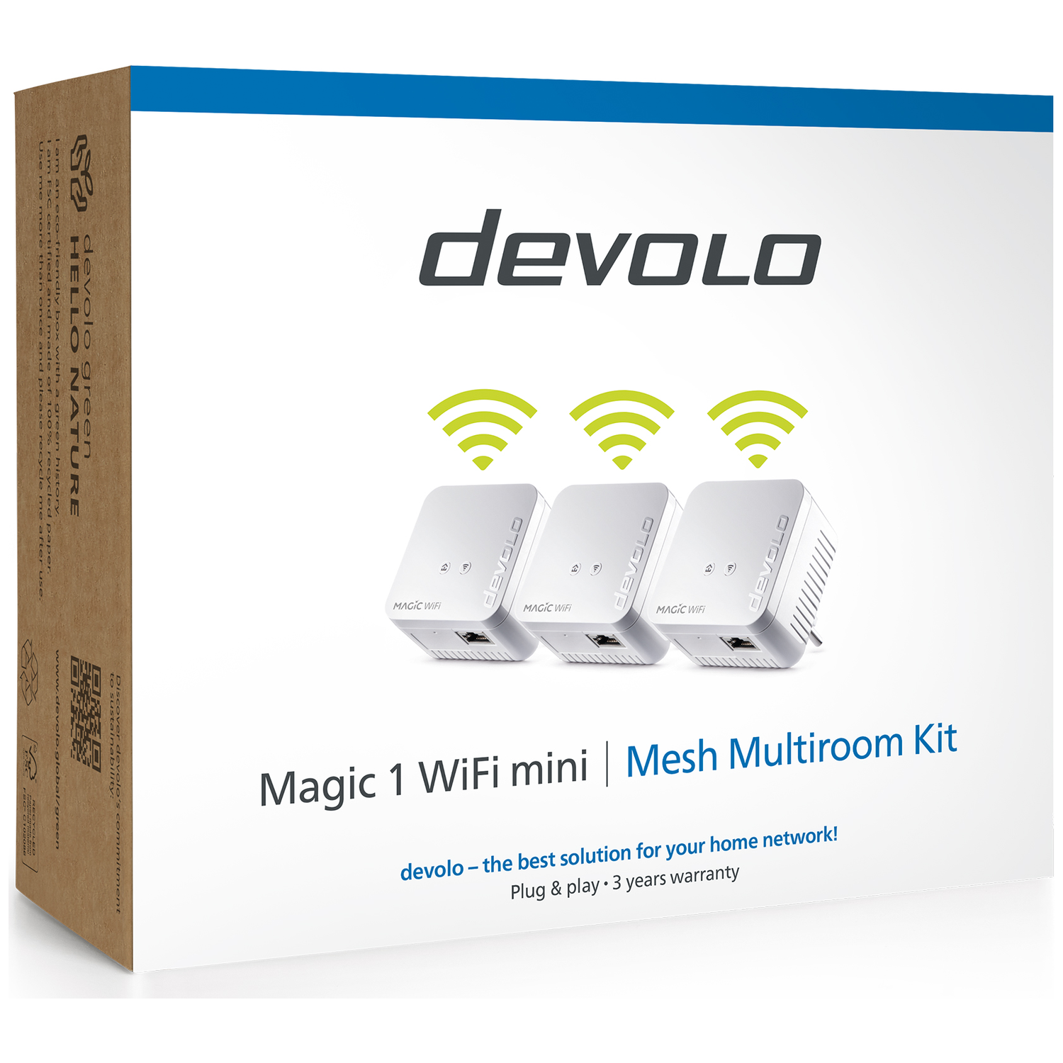 Devolo Magic 1 WiFi mini Mesh Multiroom Kit box showing three devices.