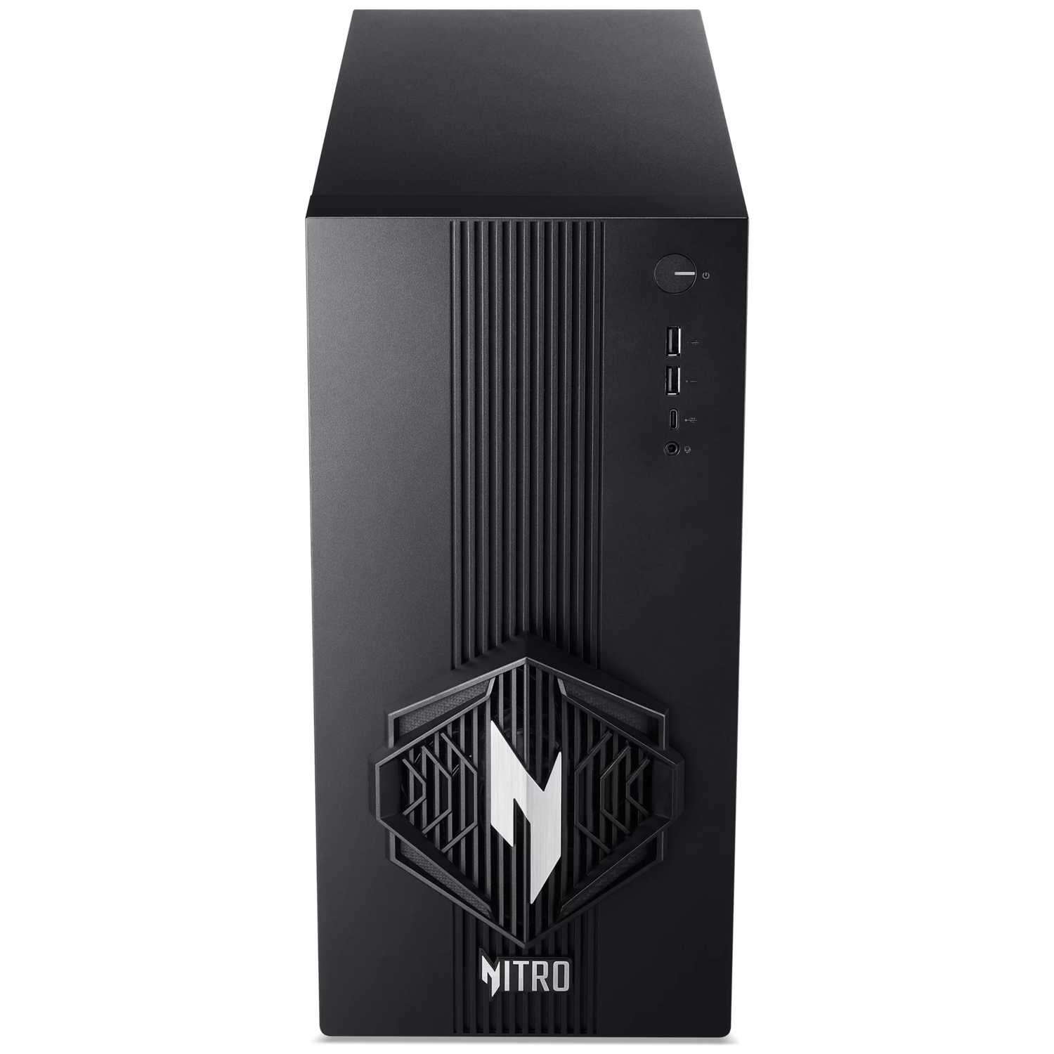 Tour PC noire avec rainures verticales, ports USB et logo 'N' argenté.