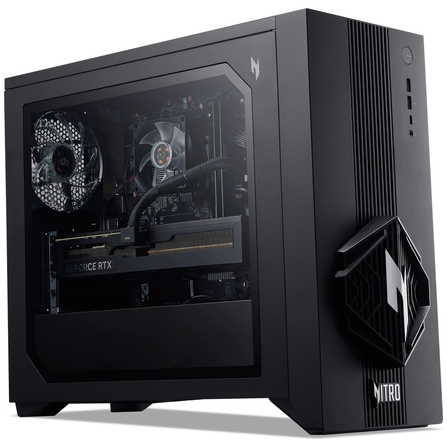 PC gamer noir avec panneau latéral transparent et façade de ventilateur éclairée.