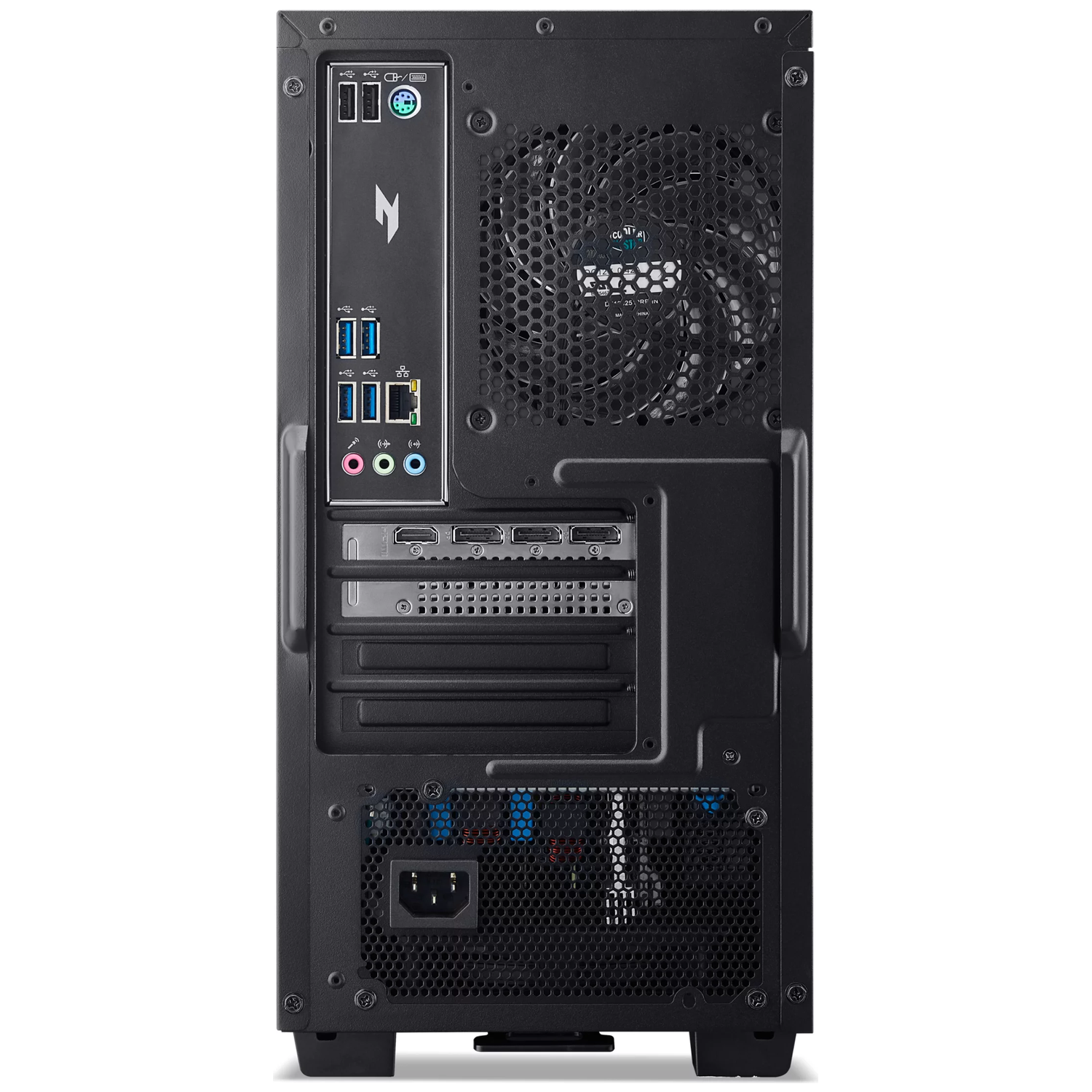 Vue arrière d'une tour d'ordinateur noire montrant les ports : USB, HDMI, audio, alimentation et ventilateur.