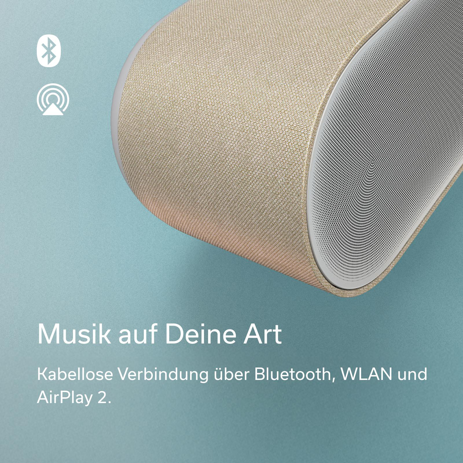 Ein goldener Lautsprecher mit Bluetooth-, WLAN- und AirPlay-Symbolen.