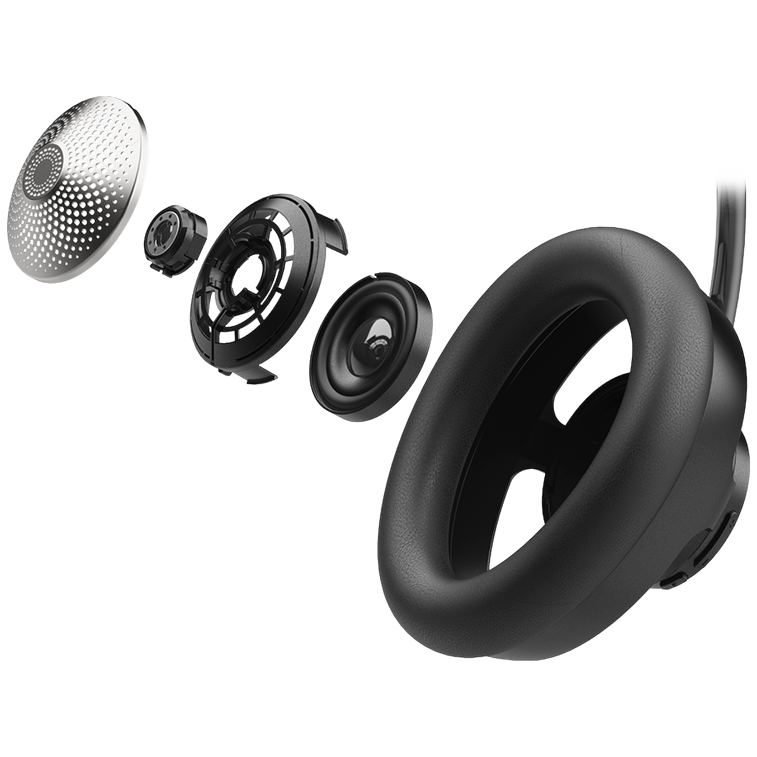 Exploded view van zwarte koptelefoon met luidspreker, membraan en metalen grill.