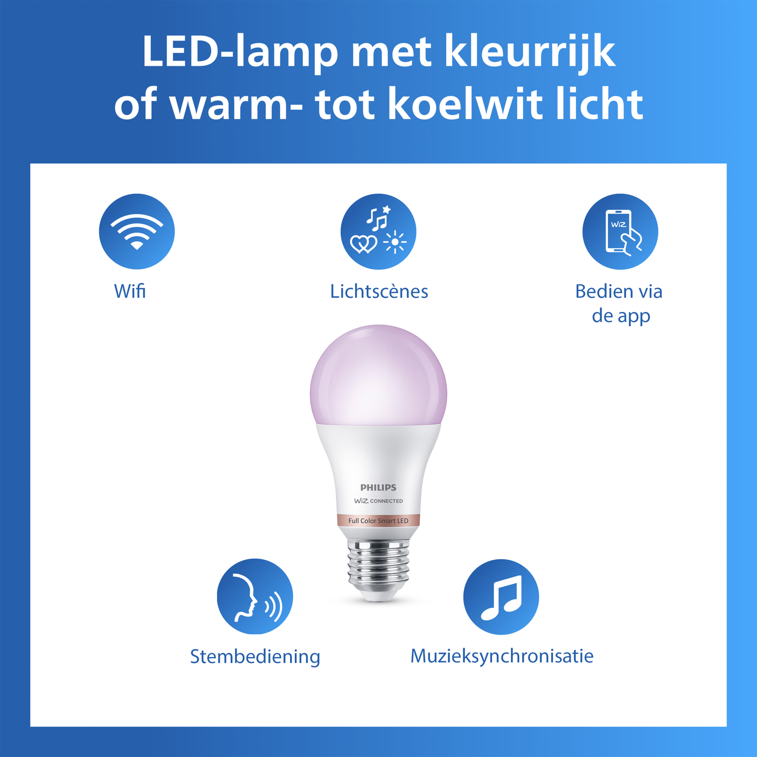 Een slimme LED-lamp met Wifi, lichtscènes, app-bediening, spraakbediening en muziek-synchronisatie.