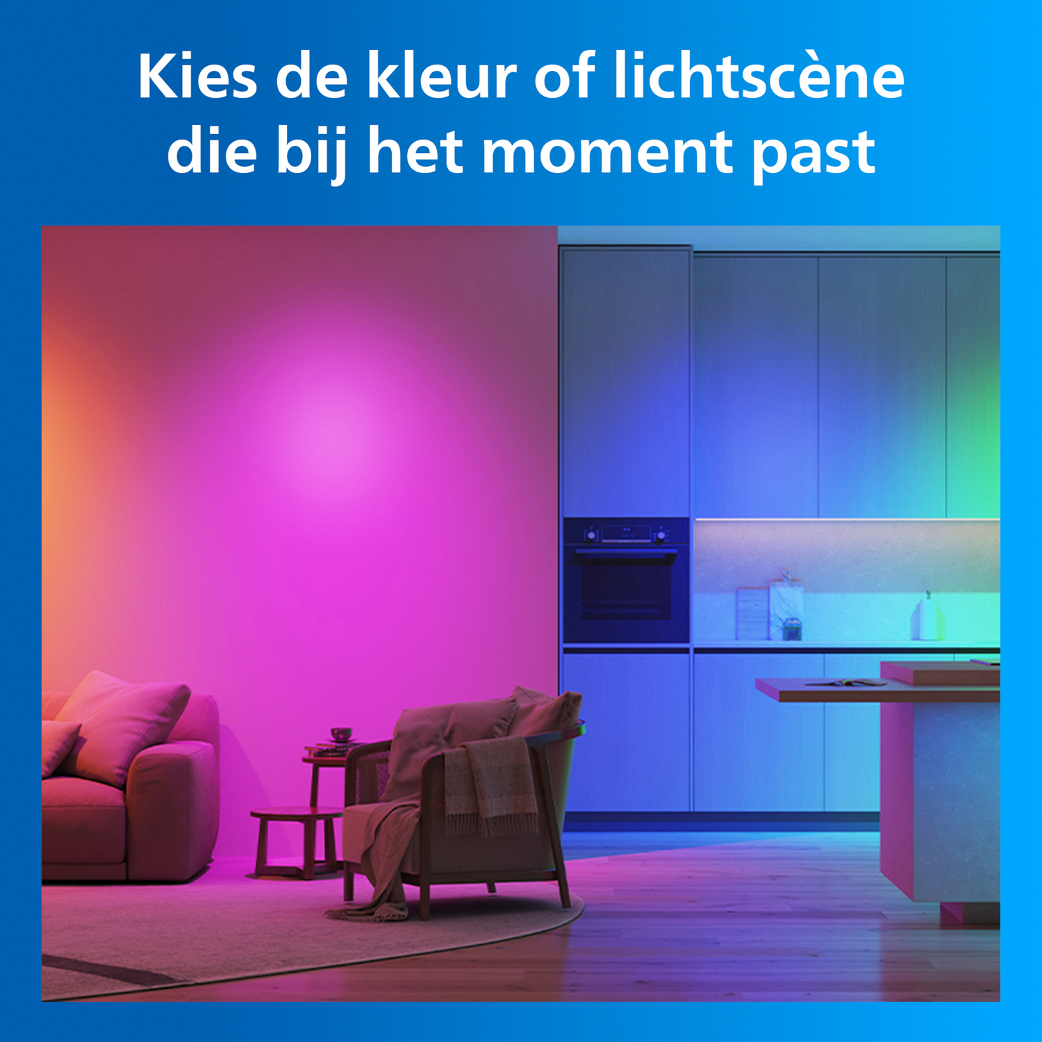 Woonkamer en keuken met kleurrijke verlichting.
