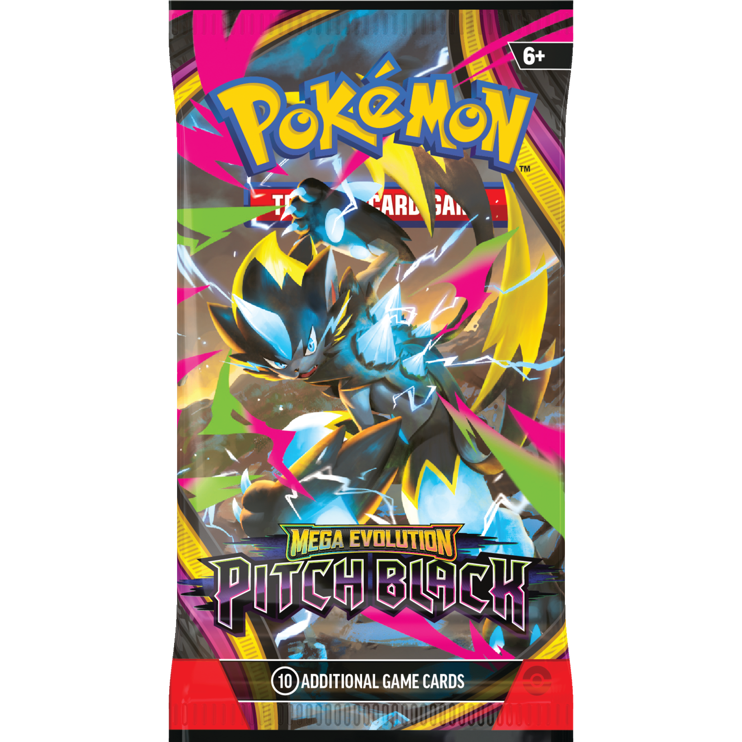 Pokémon Trading Card Game pak met Zeraora-afbeelding. Bevat tekst "Mega Evolution Pitch Black".