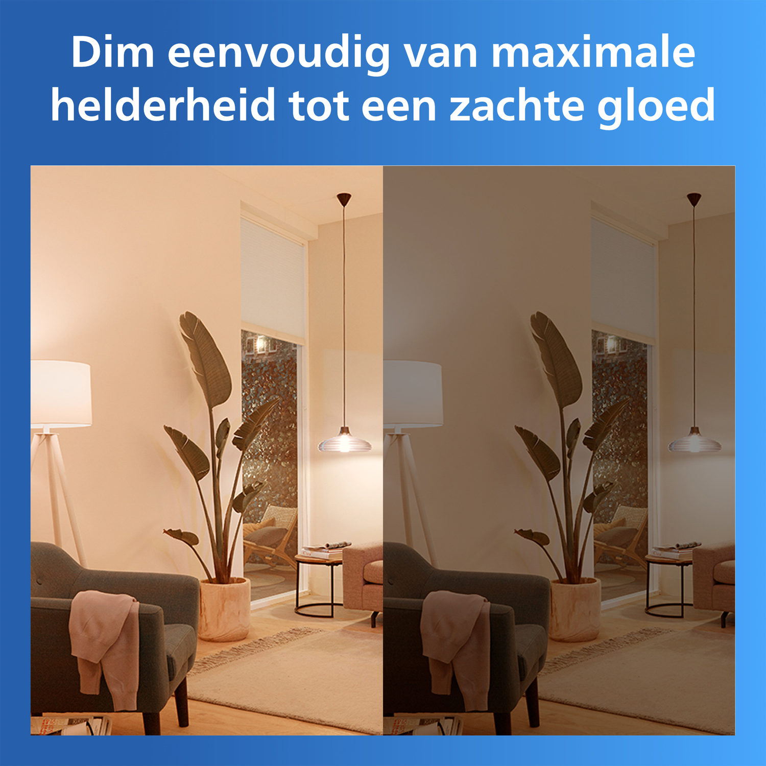 Woonkamer met twee verschillende lichtstemmingen: helder en gedimd.