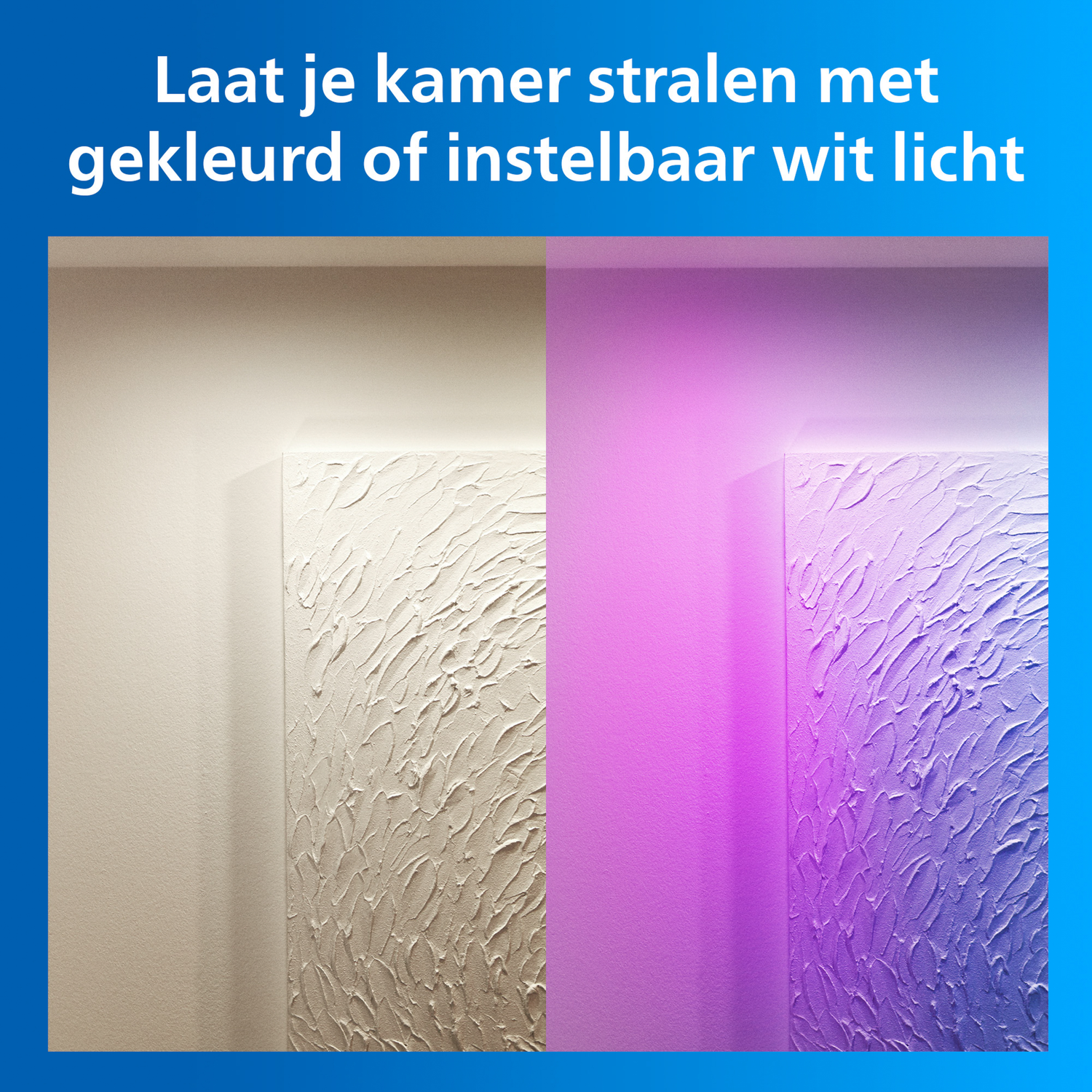 Vergelijking van muurverlichting: links warmwit, rechts paars.