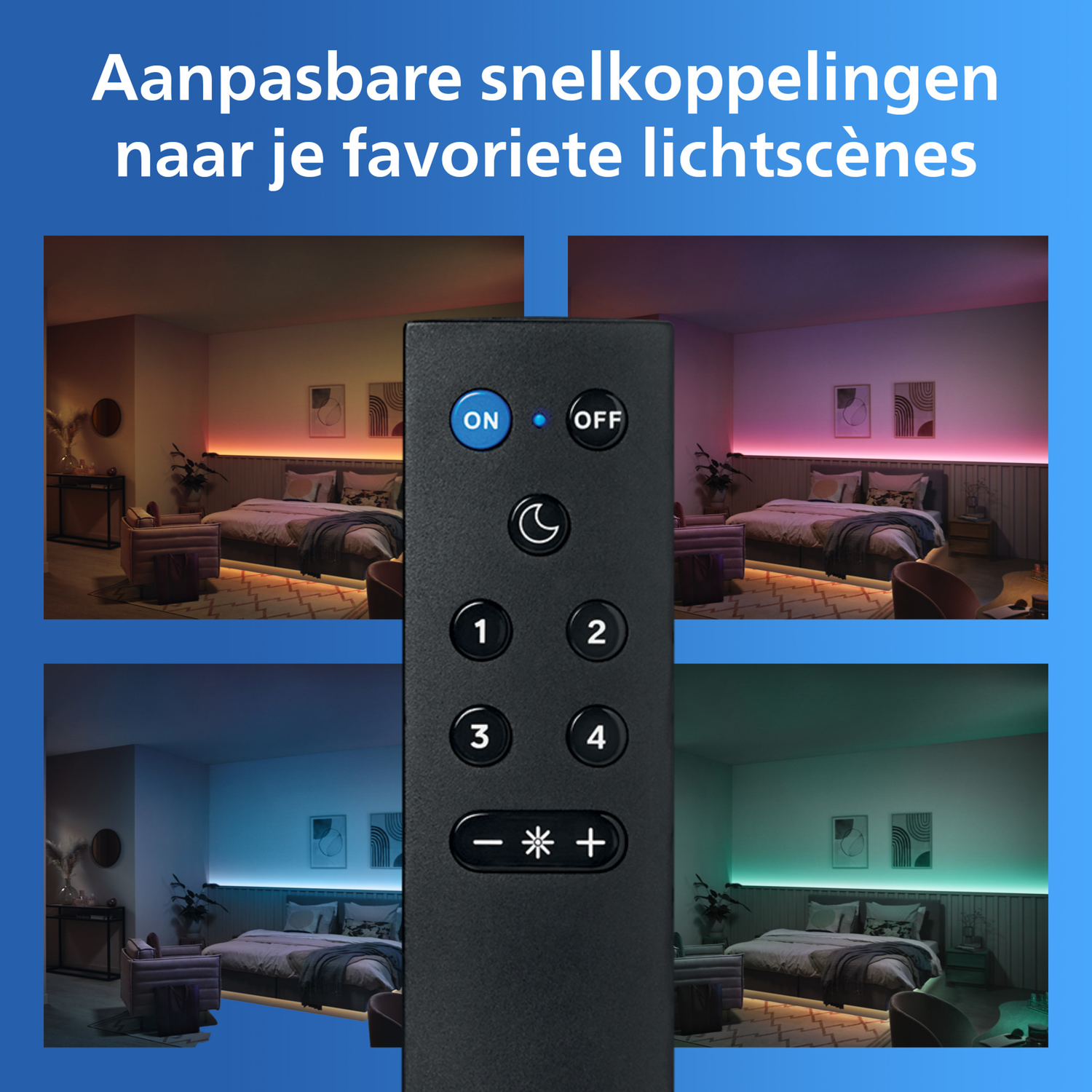 Een slaapkamer met LED-strips in diverse kleuren, bediend met een afstandsbediening. Verschillende lichtscènes getoond.