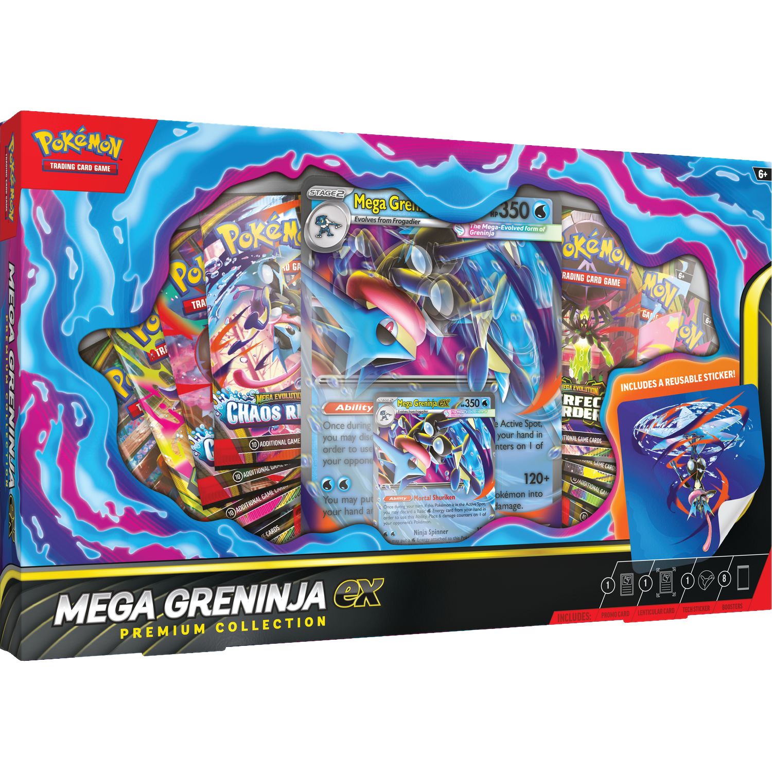 Pokémon Mega Greninja EX Premium Collection Box met kaartenpakketten, sticker en één kaart.