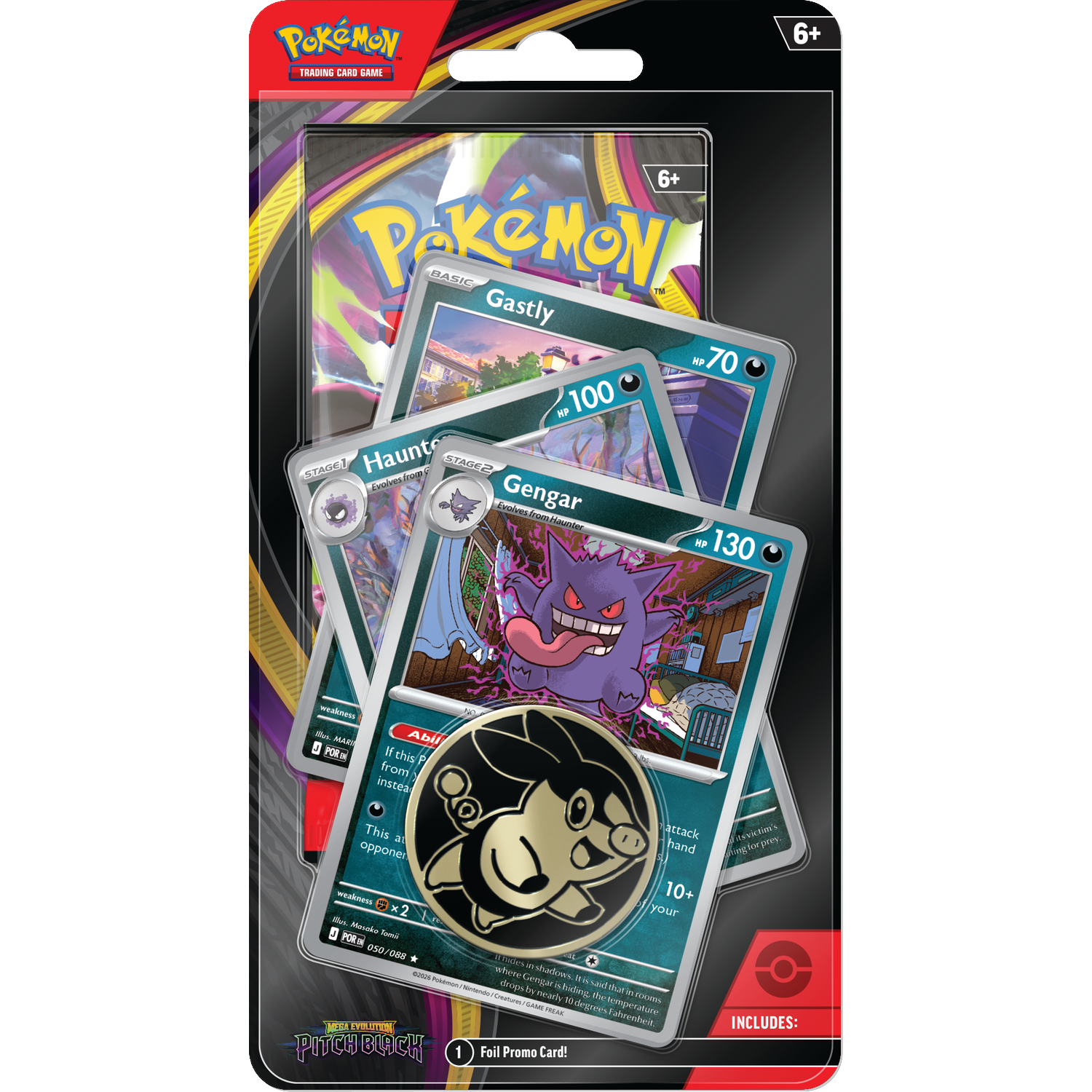 Pokémon kaartenpakket met Gastly, Haunter, Gengar kaarten en een munt.