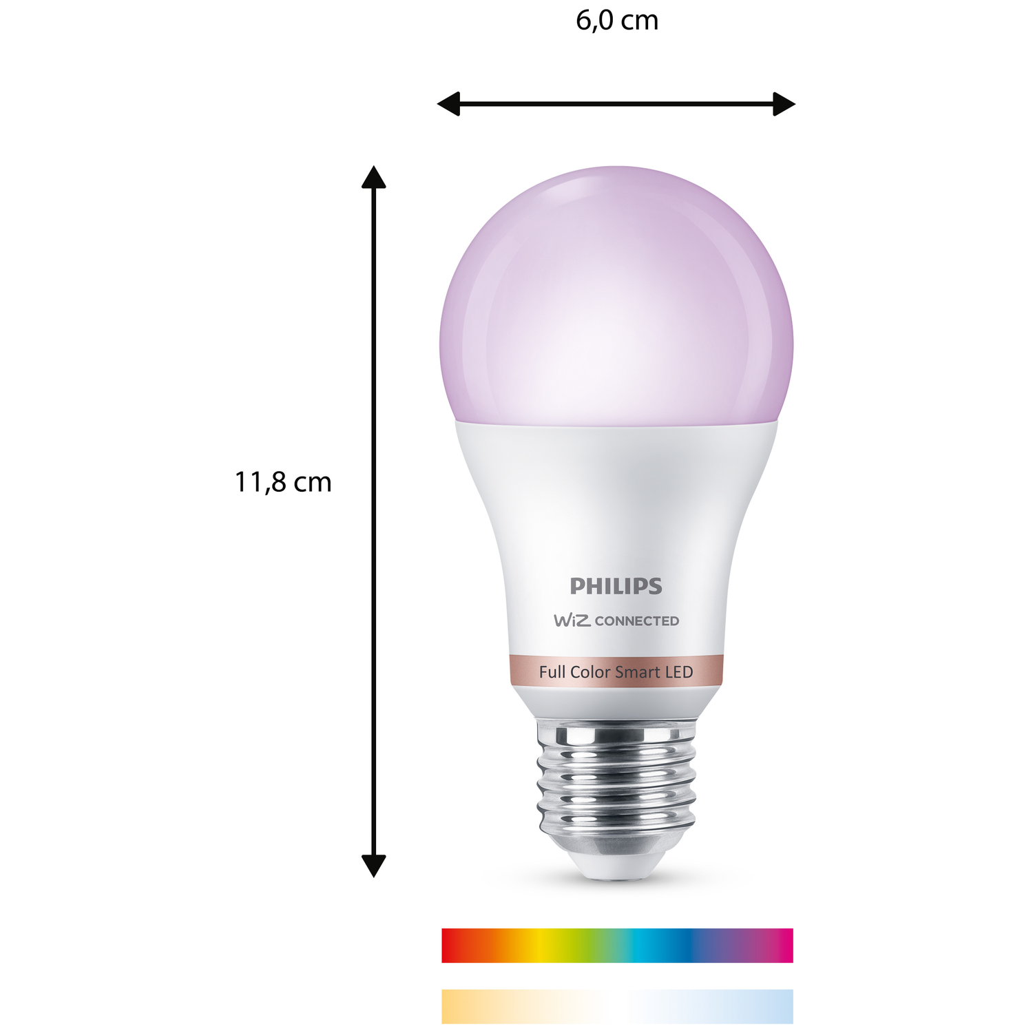 Een Philips Full Color Smart LED lamp, 11,8 cm hoog en 6,0 cm breed.