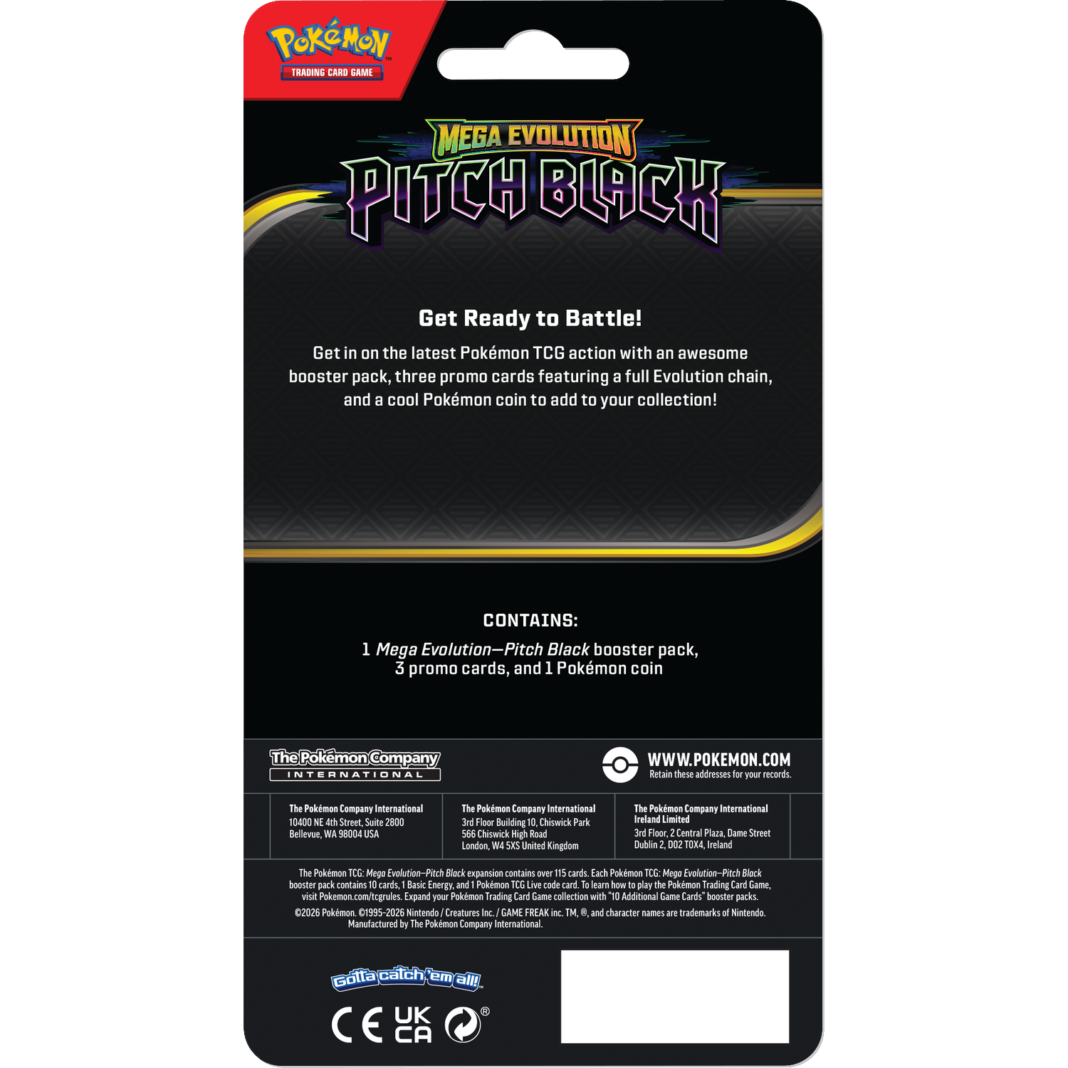 Achterkant van Pokémon-verpakking met 'Mega Evolution Pitch Black'-logo.
